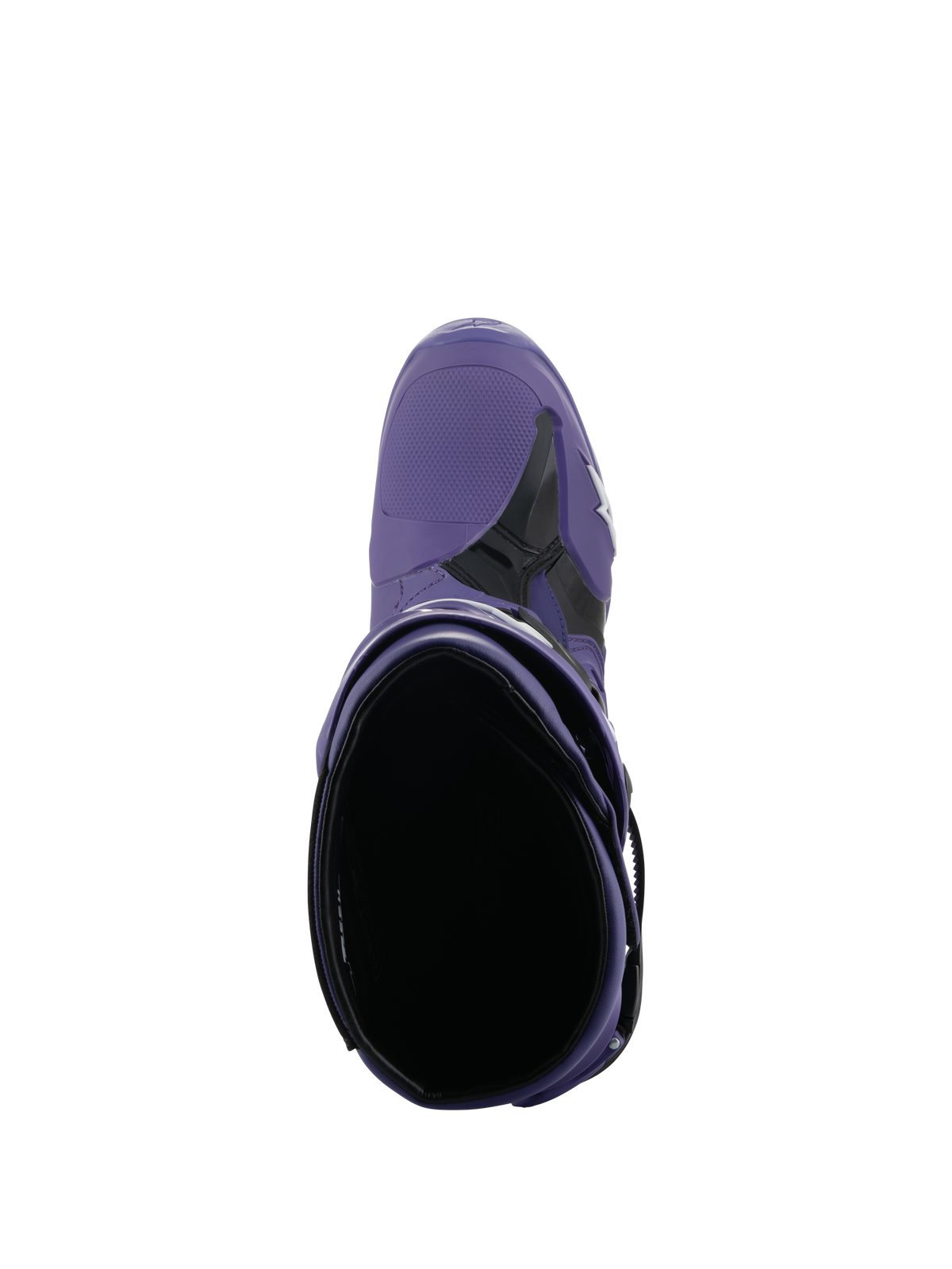 Stivali Alpinestars Tech 10, stivali da motocross, Ultraviolet Black, vista dall'alto verso l'interno, costruzione in microfibra viola e TPU nero con logo bianco, calzature professionali per corse fuoristrada