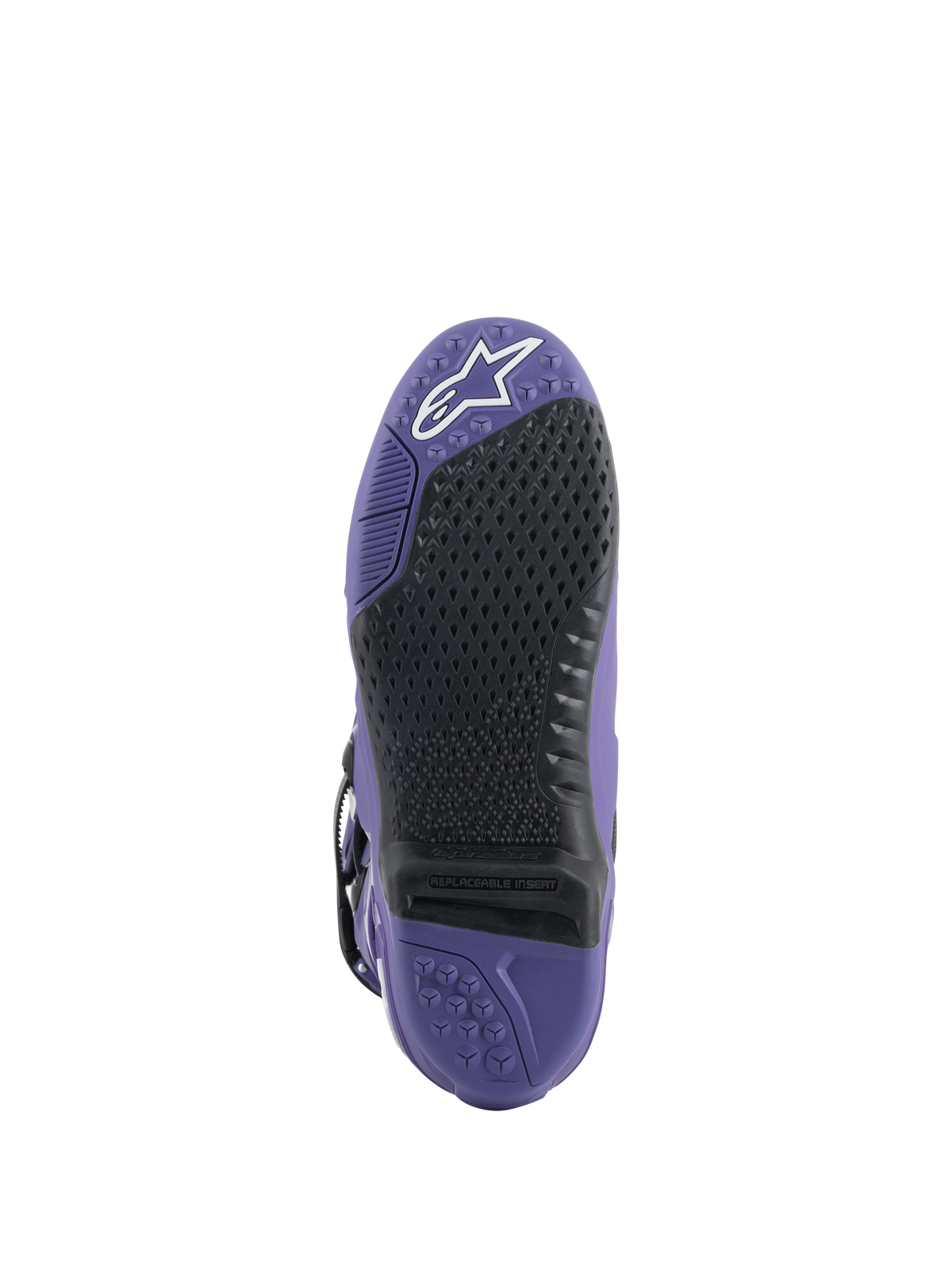 Stivali Alpinestars Tech 10, stivali da motocross, Ultraviolet Black, vista della suola con inserto grip nero sostituibile, suola viola con motivi testurizzati e logo a stella bianco sulla punta
