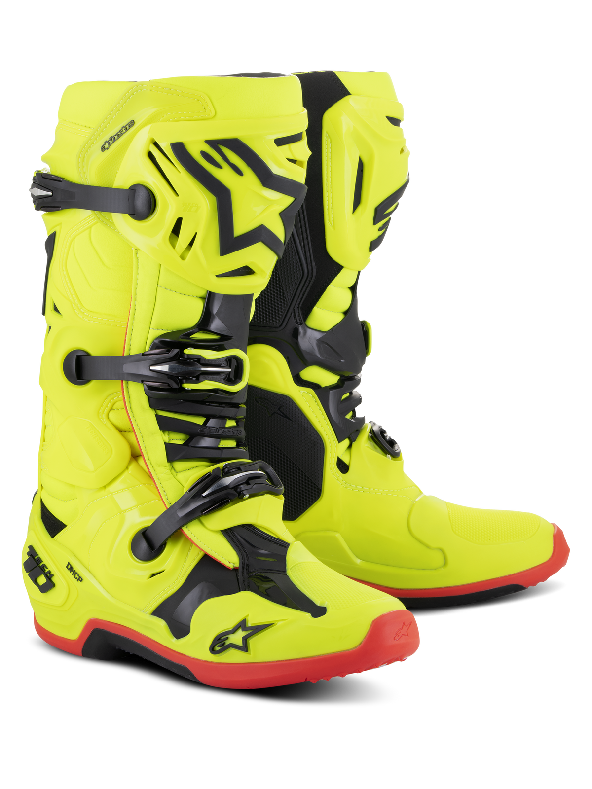 Alpinestars Tech 10 Boots, stivali da motocross, giallo fluo con accenti nero e rosso fluo, sistema a tripla fibbia, calotta in TPU con logo stella Alpinestars, suole rosse, equipaggiamento professionale per gare fuoristrada