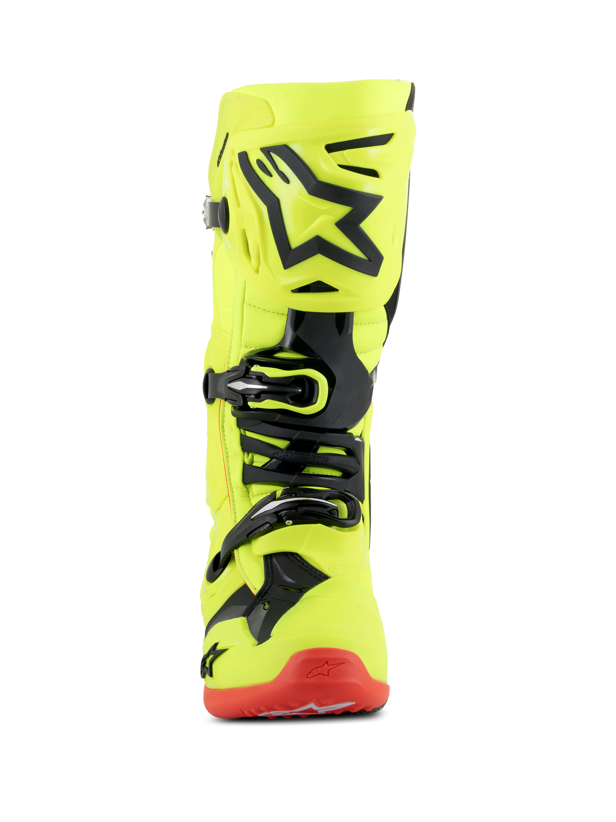 Stivali Alpinestars Tech 10, stivali da motocross, giallo fluo nero e rosso fluo, vista frontale, struttura giallo fluorescente brillante con accenti in TPU nero e sistema di fibbie, suola rossa, calzatura tecnica avanzata per corse fuoristrada