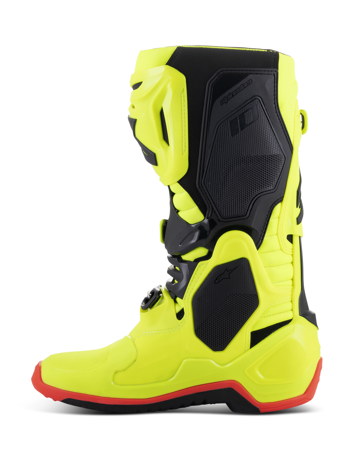 Stivali Alpinestars Tech 10, stivali da motocross, giallo fluo, nero e rosso fluo, profilo laterale, costruzione giallo neon brillante con pannelli protettivi neri e dettaglio della suola rosso fluo, equipaggiamento ad alte prestazioni per gare fuoristrada