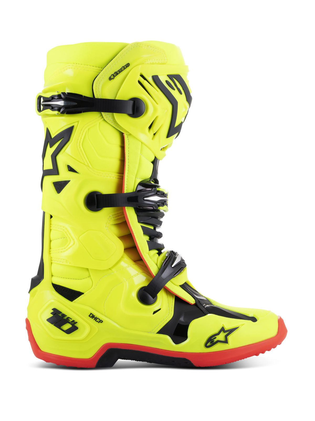 Stivali Alpinestars Tech 10, stivali da competizione motocross, giallo fluo con accenti neri e rossi, vista laterale con tripla chiusura a fibbia, placca parastinchi rinforzata, suola rossa ad alta trazione e protezione tallone DHCP, equipaggiamento professionale da moto fuoristrada