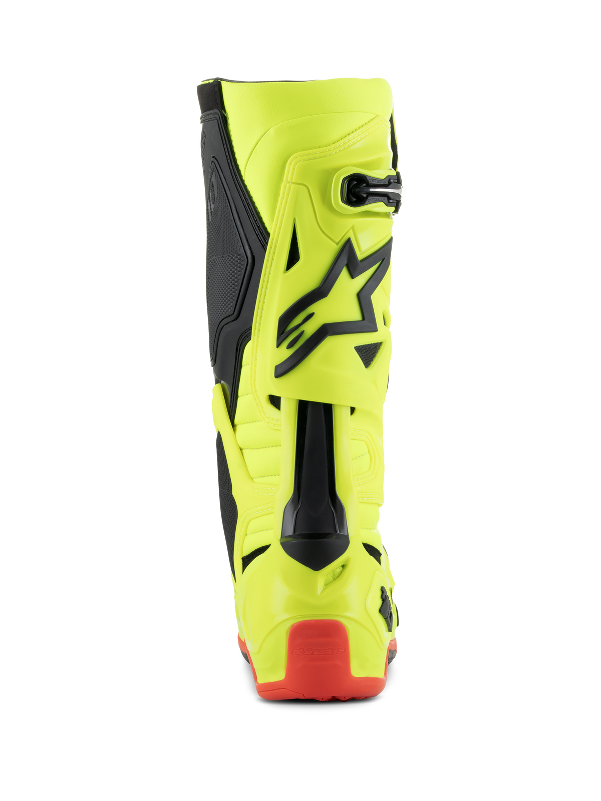 Stivali Alpinestars Tech 10, stivali da motocross, Giallo Fluo Nero Rosso Fluo, vista posteriore che mostra la scocca giallo fluorescente con dettagli neri e protezione del tallone rossa, calzature professionali per corse fuoristrada