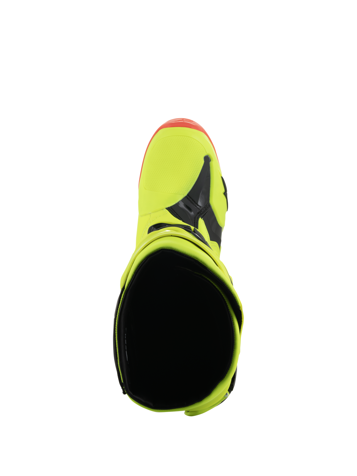 Stivali Alpinestars Tech 10, stivali da motocross, giallo fluo, nero e rosso fluo, vista dall'alto che mostra l'apertura interna e la punta, colori neon vivaci con dettagli neri, calzature professionali per corse fuoristrada