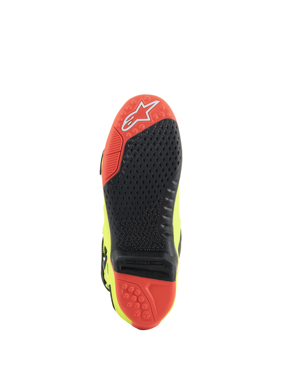 Stivali Alpinestars Tech 10, stivali da motocross, giallo fluo nero rosso fluo, vista della suola con materiale a doppia mescola rosso e nero, inserto centrale sostituibile e alette di trazione per prestazioni fuoristrada