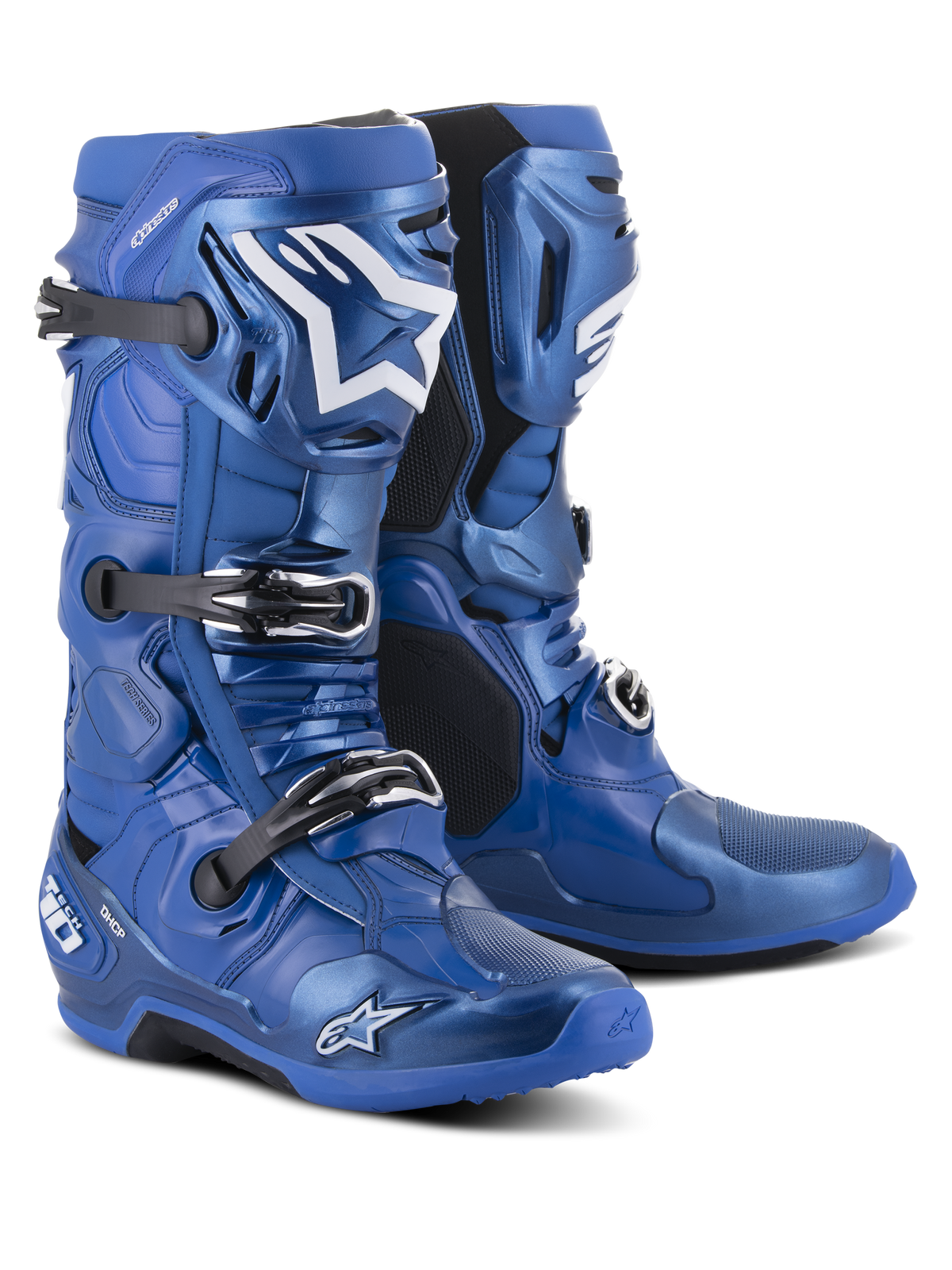 Stivali Alpinestars Tech 10, stivali da motocross, blu e nero, con sistema di chiusura a tripla fibbia, logo a stella Alpinestars bianco sullo stinco, robusta calotta in TPU e suola rinforzata per prestazioni off-road