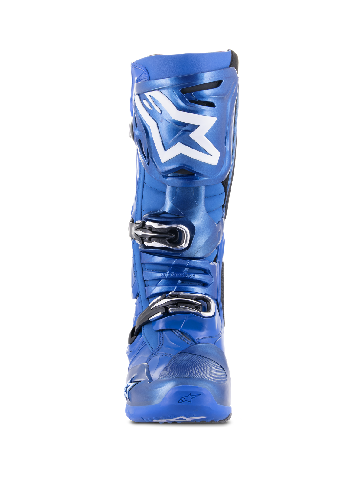 Stivali da motocross Alpinestars Tech 10, blu e nero, vista frontale, logo Astars bianco sulla placca tibiale, sistema di chiusura a tripla fibbia nero e argento, robusta struttura in TPU per prestazioni off-road