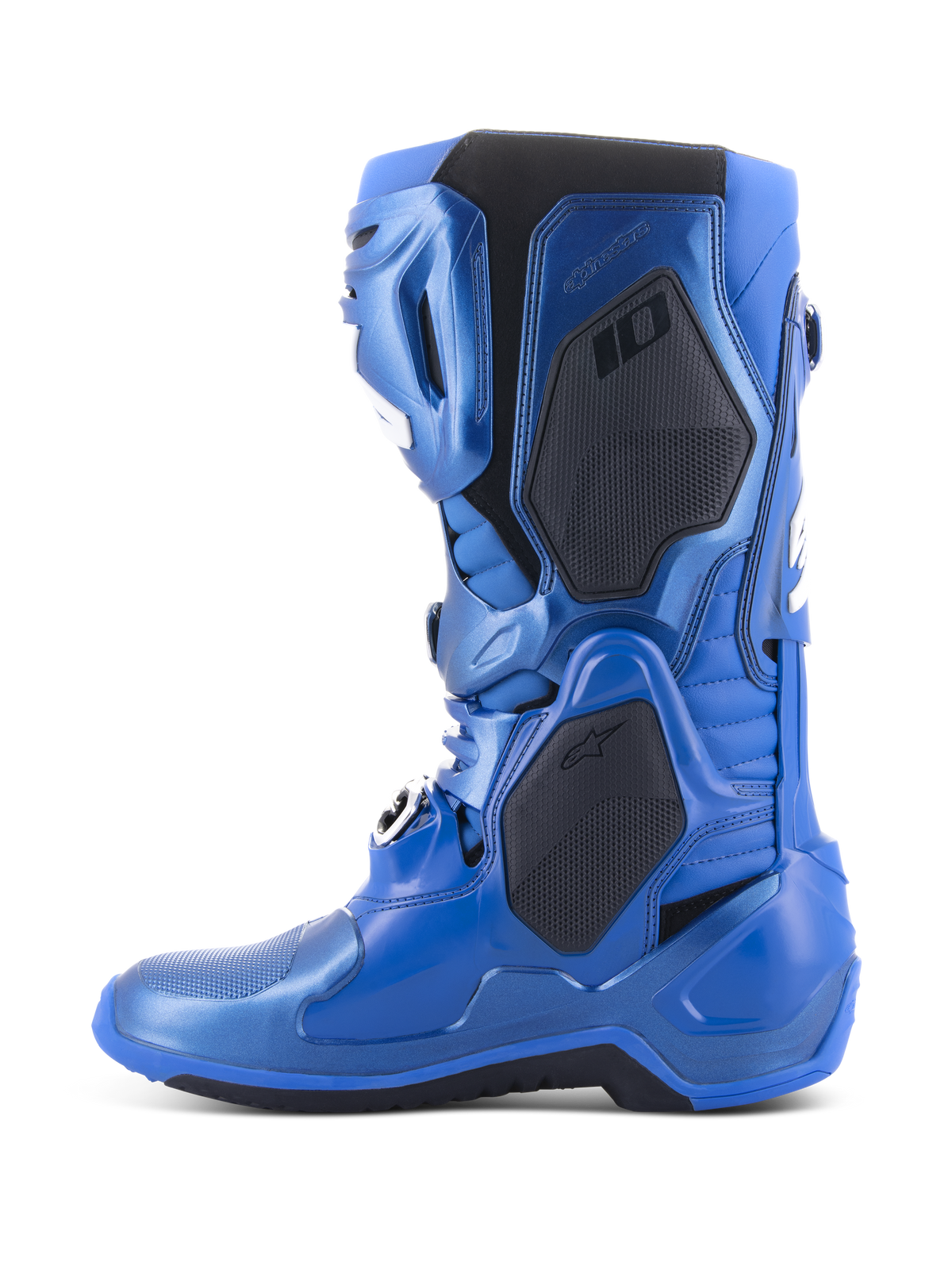 Stivali Alpinestars Tech 10, stivali da motocross, blu metallizzato e nero, vista di profilo che mostra i pannelli protettivi neri e la finitura blu metallizzata, design tecnico avanzato per competizioni professionistiche di motocross