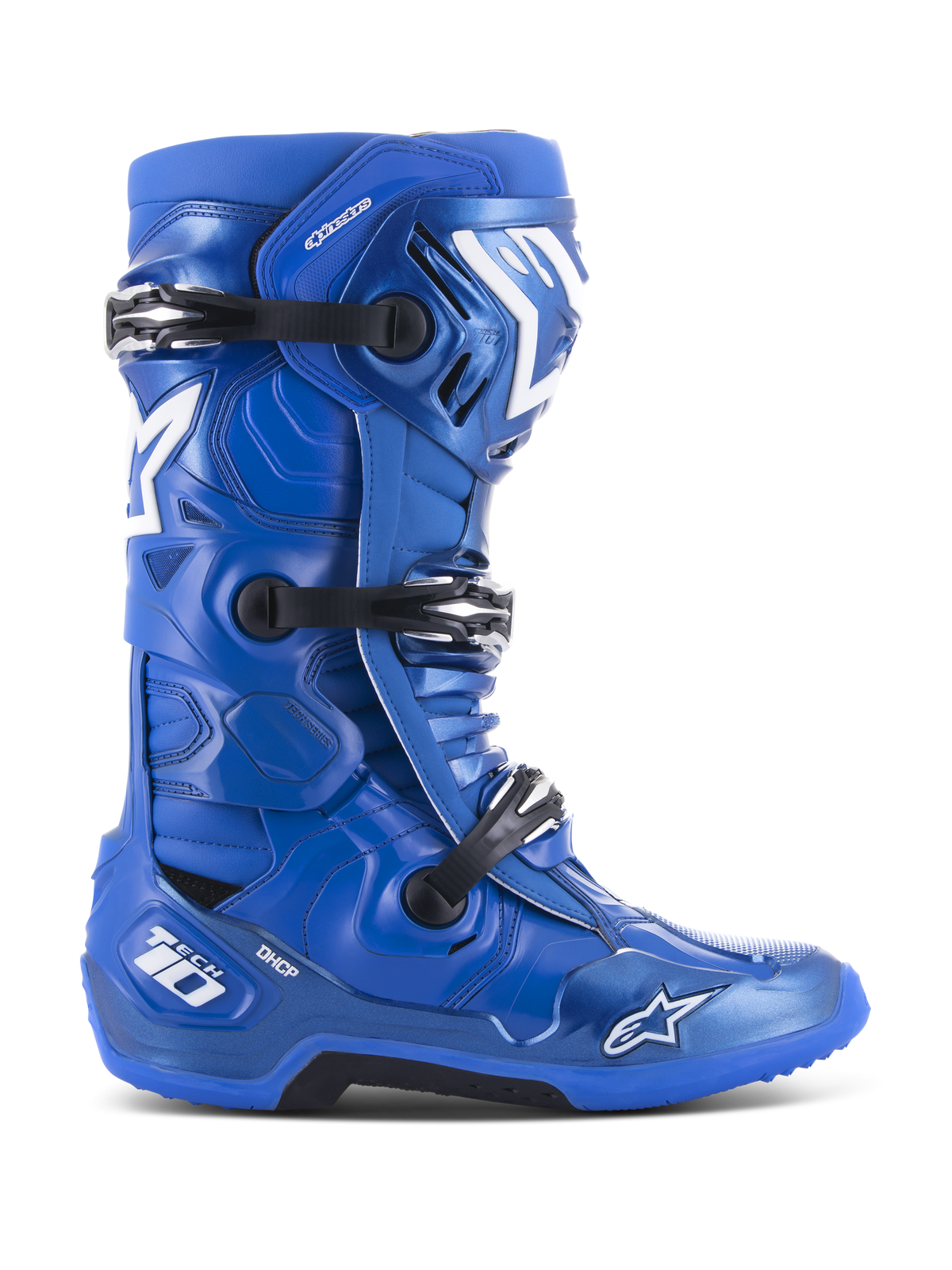 Stivali da motocross Alpinestars Tech 10, blu con accenti bianchi e neri, profilo laterale, sistema di chiusura a tre fibbie, protezione per il tallone DHCP, logo a stella e marchio Tech 10, suola robusta ad alta aderenza, attrezzatura professionale per corse fuoristrada