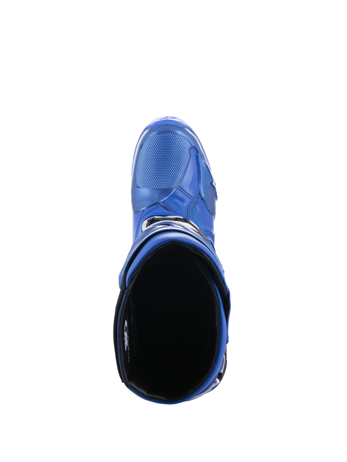 Stivali Alpinestars Tech 10, stivali da motocross, blu e nero, vista dall'alto dell'imbottitura interna e dell'apertura del polpaccio, che mostra il design aerodinamico e il guscio protettivo in TPU