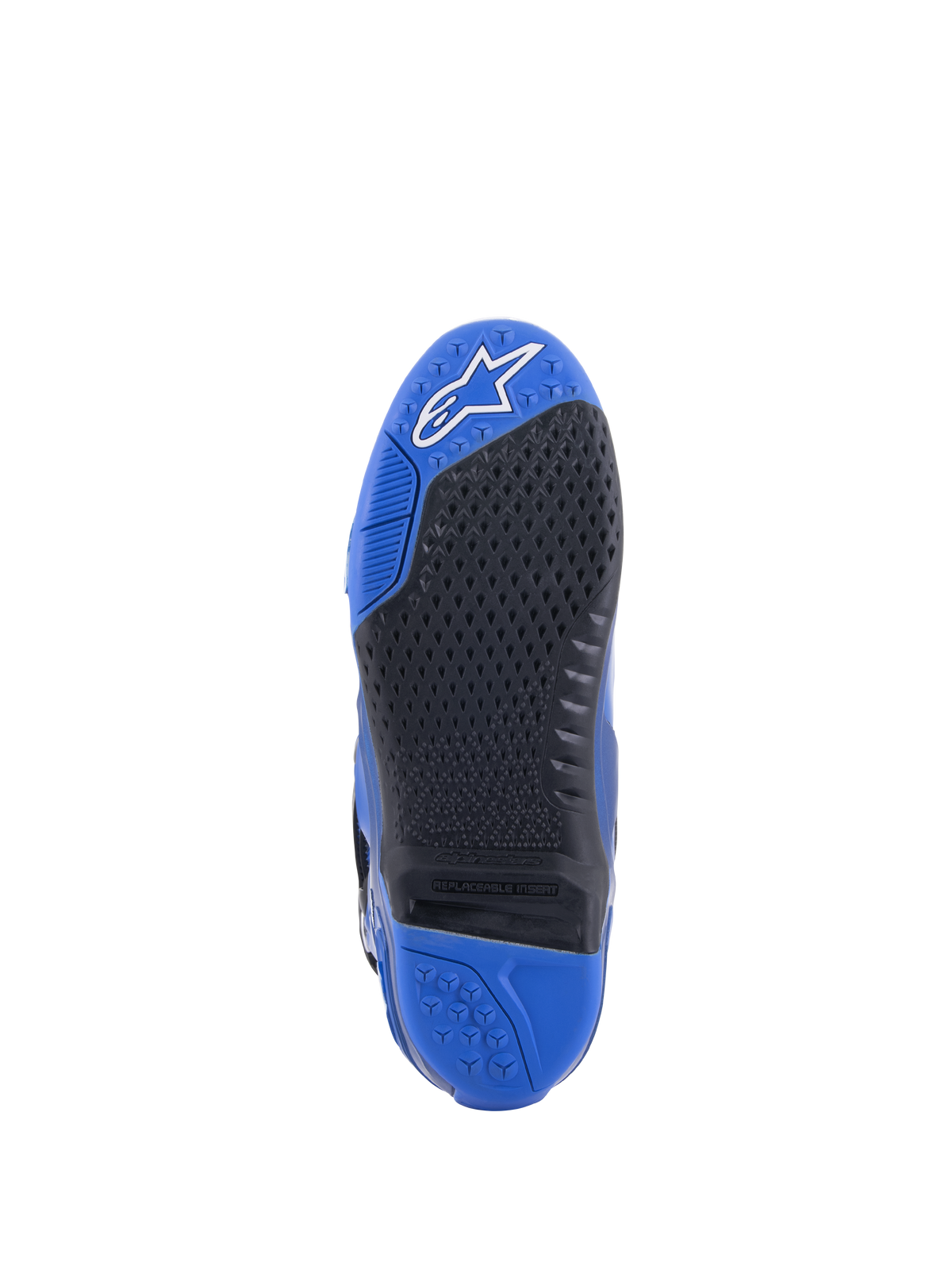 Stivali Alpinestars Tech 10, blu e nero, vista dettagliata della suola con trama grip nera testurizzata e inserto centrale sostituibile, punta blu con logo bianco e tallone blu, design per motocross ad alte prestazioni