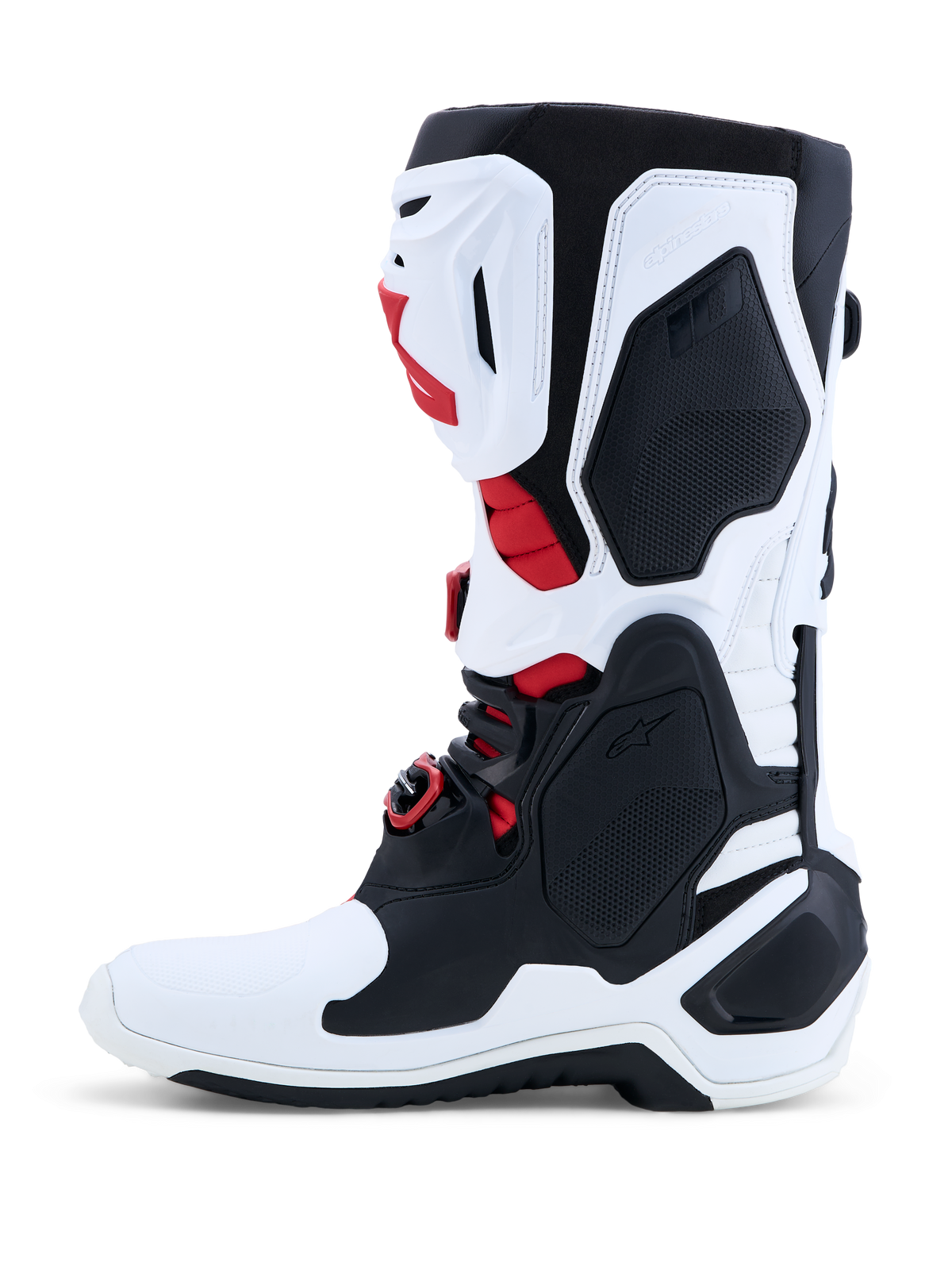 Alpinestars Stivali Tech-10, stivali da motocross bianchi e neri con rosso, guscio in TPU certificato CE.