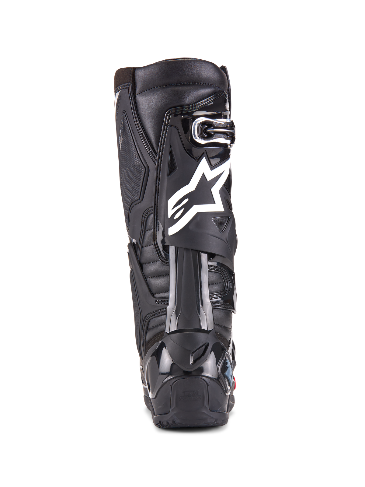 Stivali Alpinestars Tech 10 Enduro, nero, vista posteriore di un singolo stivale che mostra il logo Alpinestars bianco, protezione del tallone in TPU resistente e design della suola enduro robusta per gare fuoristrada