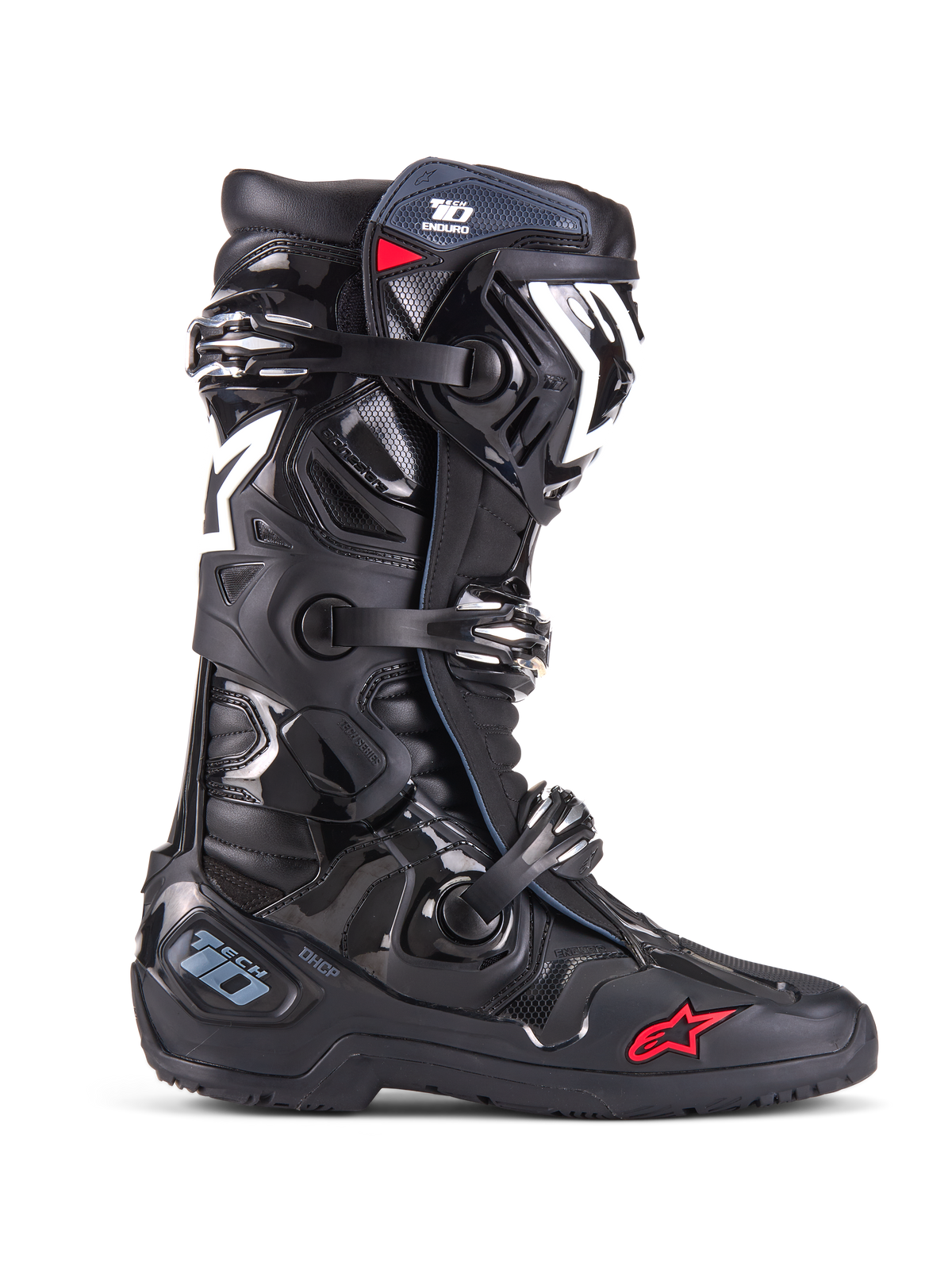 Stivali Alpinestars Tech 10 Enduro, stivali da motocross e fuoristrada, nero con accenti bianchi e rossi, sistema di chiusura a tre fibbie, parastinchi e protezione tallone in TPU, suola enduro robusta, iconico logo a stella, protezione racing premium