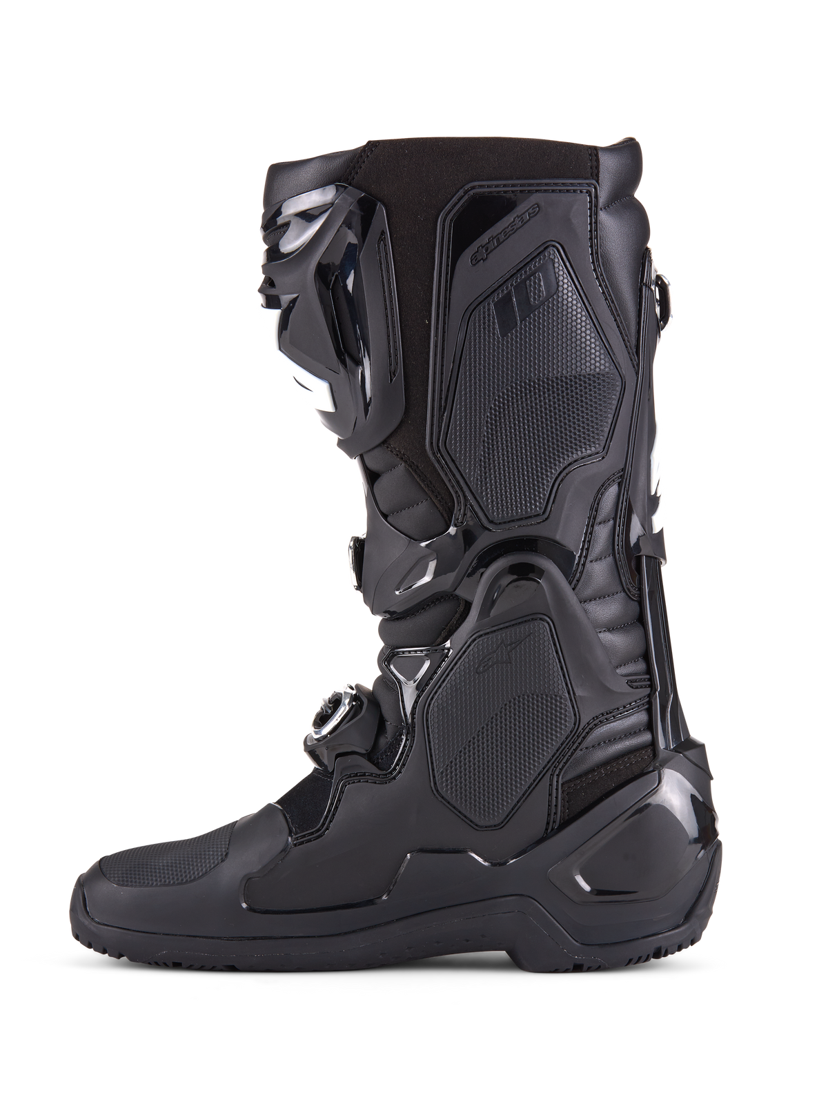 Alpinestars Tech 10 Enduro Boots, stivali da motocross ad alte prestazioni, nero, vista laterale con pannelli protettivi in TPU resistenti, sistema di chiusura a tripla fibbia e controllo avanzato della flessione per gare off-road