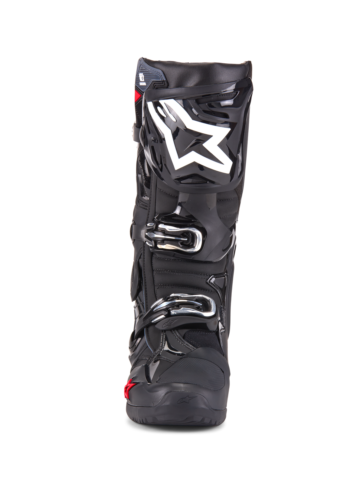 Alpinestars Tech 10 Enduro Boots, stivali da motocross, nero, vista frontale con logo a stella bianco sullo stinco, fibbie argentate, finitura nera lucida con pannelli protettivi robusti, calzature ad alte prestazioni per la guida fuoristrada
