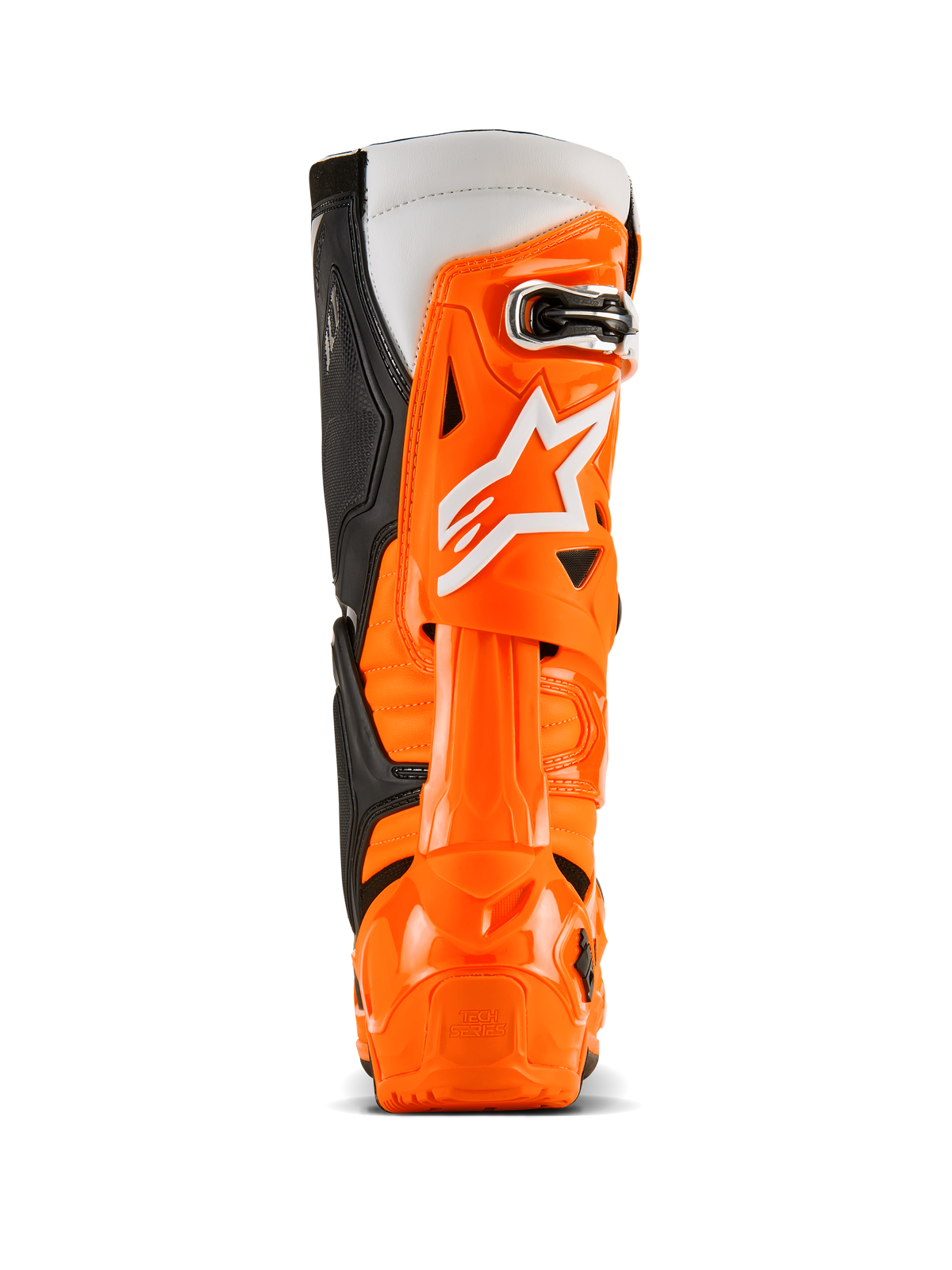 Stivali Alpinestars Tech 10 Enduro, vista posteriore, arancione fluo nero bianco, guscio protettivo in TPU arancione vivace, logo Alpinestars bianco, pannelli laterali neri e protezione del tallone specializzata per la guida fuoristrada