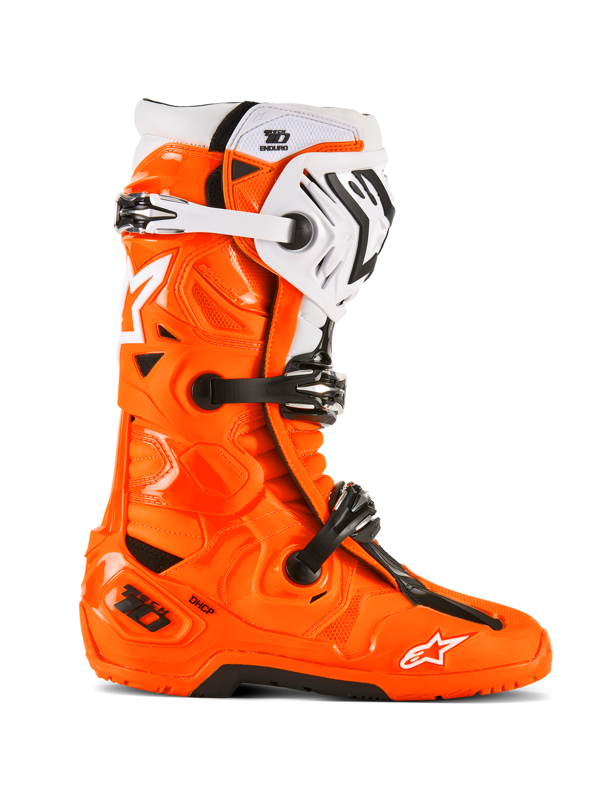 Alpinestars Tech 10 Enduro Boots, stivali da motocross e fuoristrada, arancione fluo con dettagli neri e bianchi, vista laterale con sistema di chiusura a tripla fibbia, suola nera robusta e struttura protettiva in TPU per l'enduro.