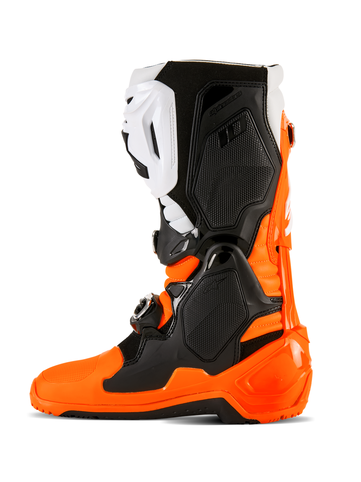 Stivali Alpinestars Tech 10 Enduro, arancione fluo, nero e bianco, calzature per motocross e off-road ad alte prestazioni con sistema di chiusura a tre fibbie, pannelli protettivi in TPU e suola Enduro a doppia mescola per una maggiore aderenza