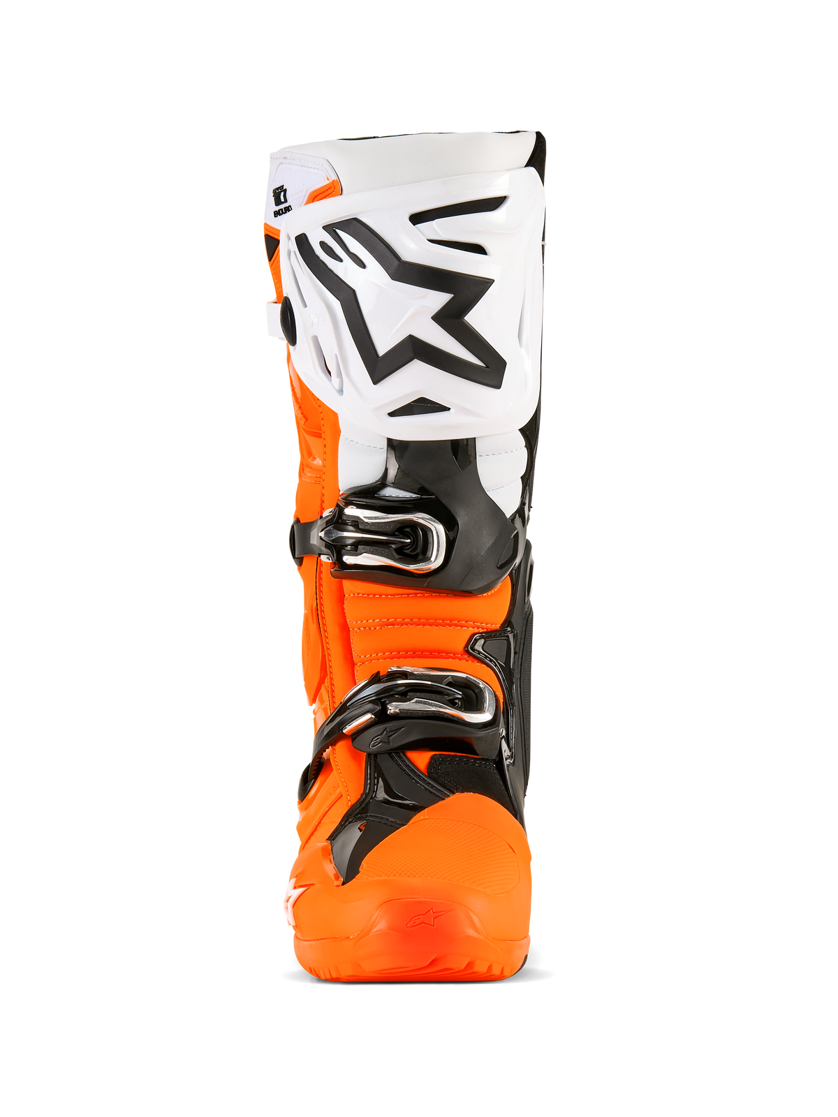 Stivali Alpinestars Tech 10 Enduro, stivali da motocross, arancione fluo, nero e bianco, vista frontale con ampia piastra tibiale bianca e logo Alpinestars nero, fibbie nere e robusta protezione arancione