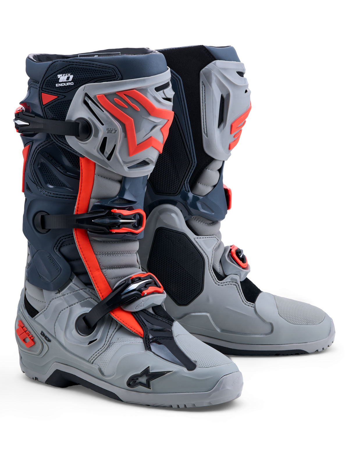 Alpinestars stivali Tech-10 Enduro, stivali da moto off-road uomo, grigio e rosso fluo, protezioni in TPU, certificati CE.