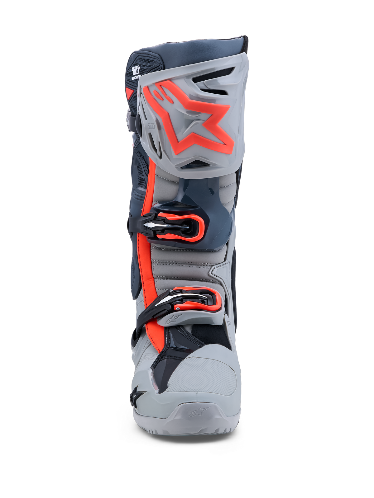 Alpinestars Stivali Tech-10 Enduro, stivali da moto per motocross ed enduro, grigi e rosso fluo, chiusura a tripla fibbia e placca tibiale in TPU, certificati CE