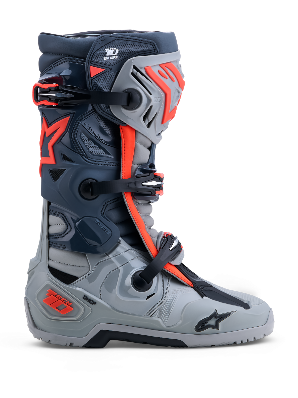 Alpinestars stivali Tech-10 Enduro, stivali da moto fuoristrada grigi e rossi fluo con protezioni in TPU e sistema DCHP.