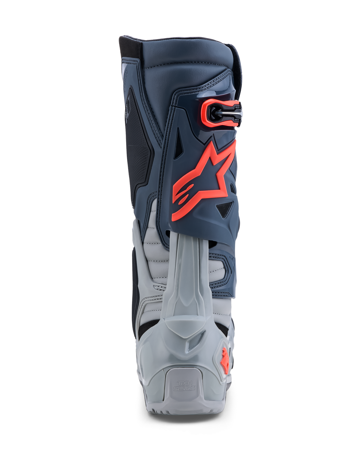 Alpinestars Tech-10 Enduro, stivali off-road grigi e rosso fluo, con protezione tallone e struttura in TPU, certificati CE.