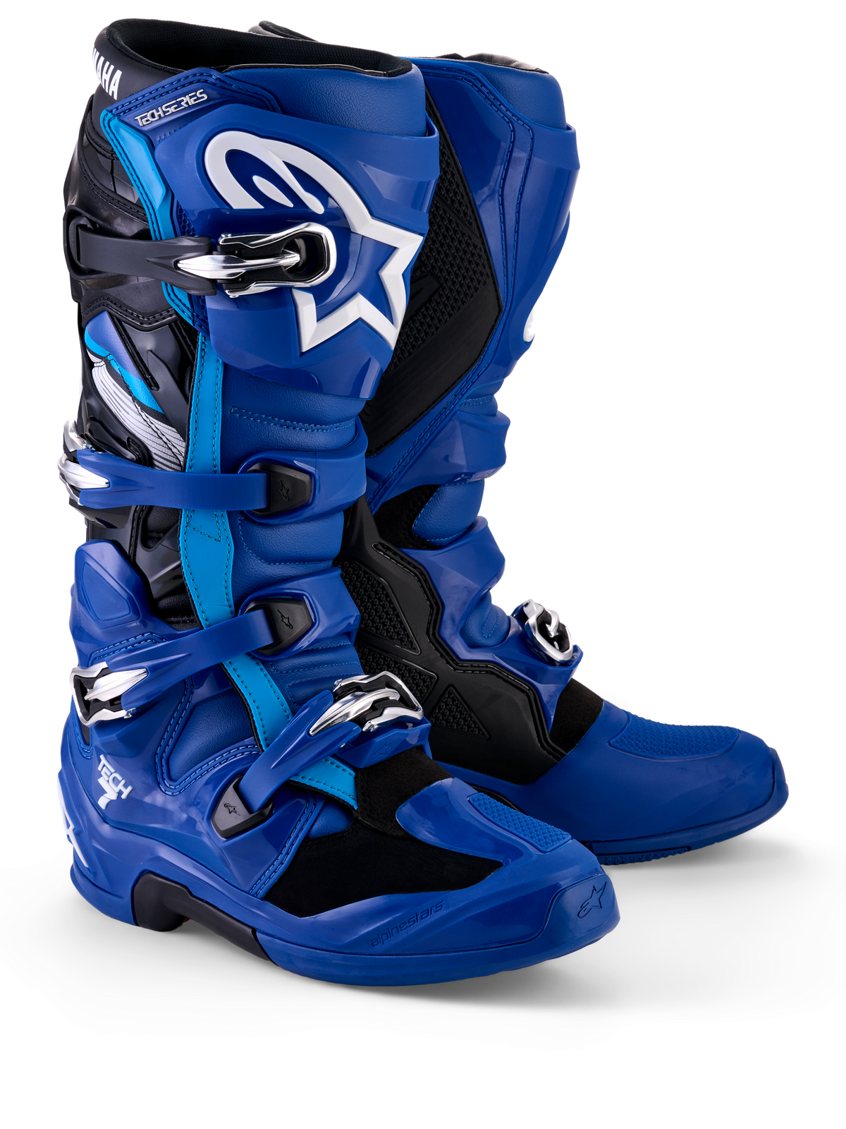 Stivali Alpinestars Yamaha Tech 7, stivali da motocross, blu, nero e bianco, con sistema di chiusura a fibbie multiple, placca tibiale in TPU con logo Astar bianco e marchio Yamaha sulla ghetta superiore, progettati per prestazioni off-road