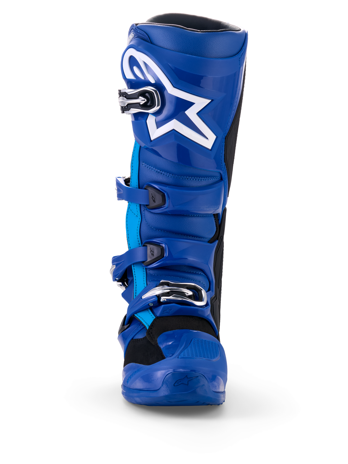 Alpinestars Yamaha Tech 7 Boots, stivali da motocross, blu e bianco, vista frontale, con logo Astar bianco, sistema di fibbie argentate e robusta scocca protettiva in TPU per gare di motocross