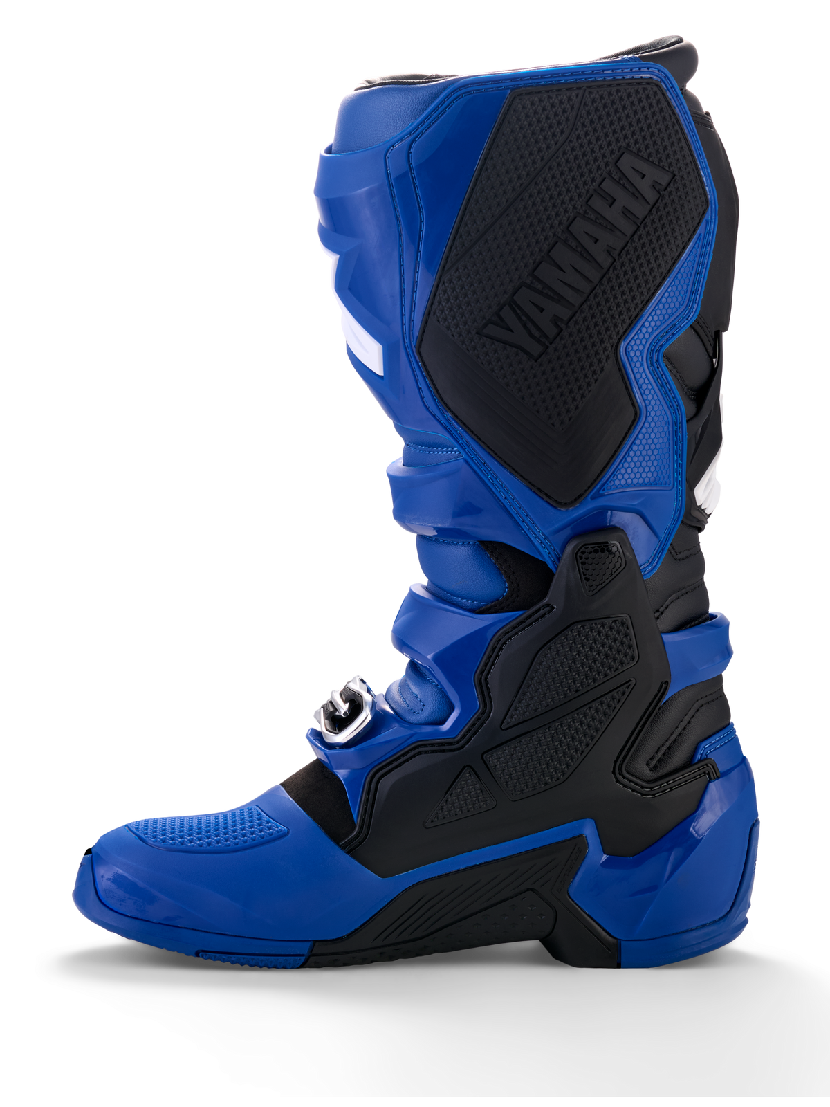 Stivali Alpinestars Yamaha Tech 7, stivali da motocross, blu e nero, con un grande logo Yamaha nero sul pannello mediale interno, protezioni in TPU e suola robusta per prestazioni fuoristrada