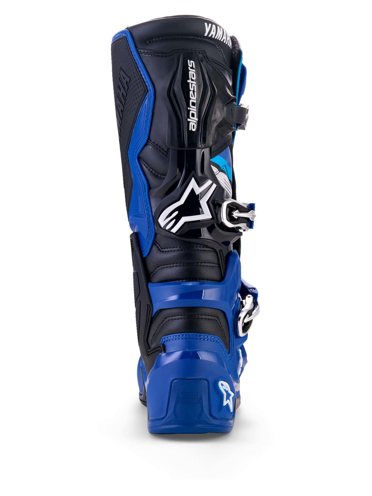 Vista posteriore degli stivali Alpinestars Yamaha Tech 7 in blu, nero e bianco, con guscio protettivo in TPU, sistema articolato della caviglia e loghi Alpinestars e Yamaha in evidenza, progettati per motocross e fuoristrada.