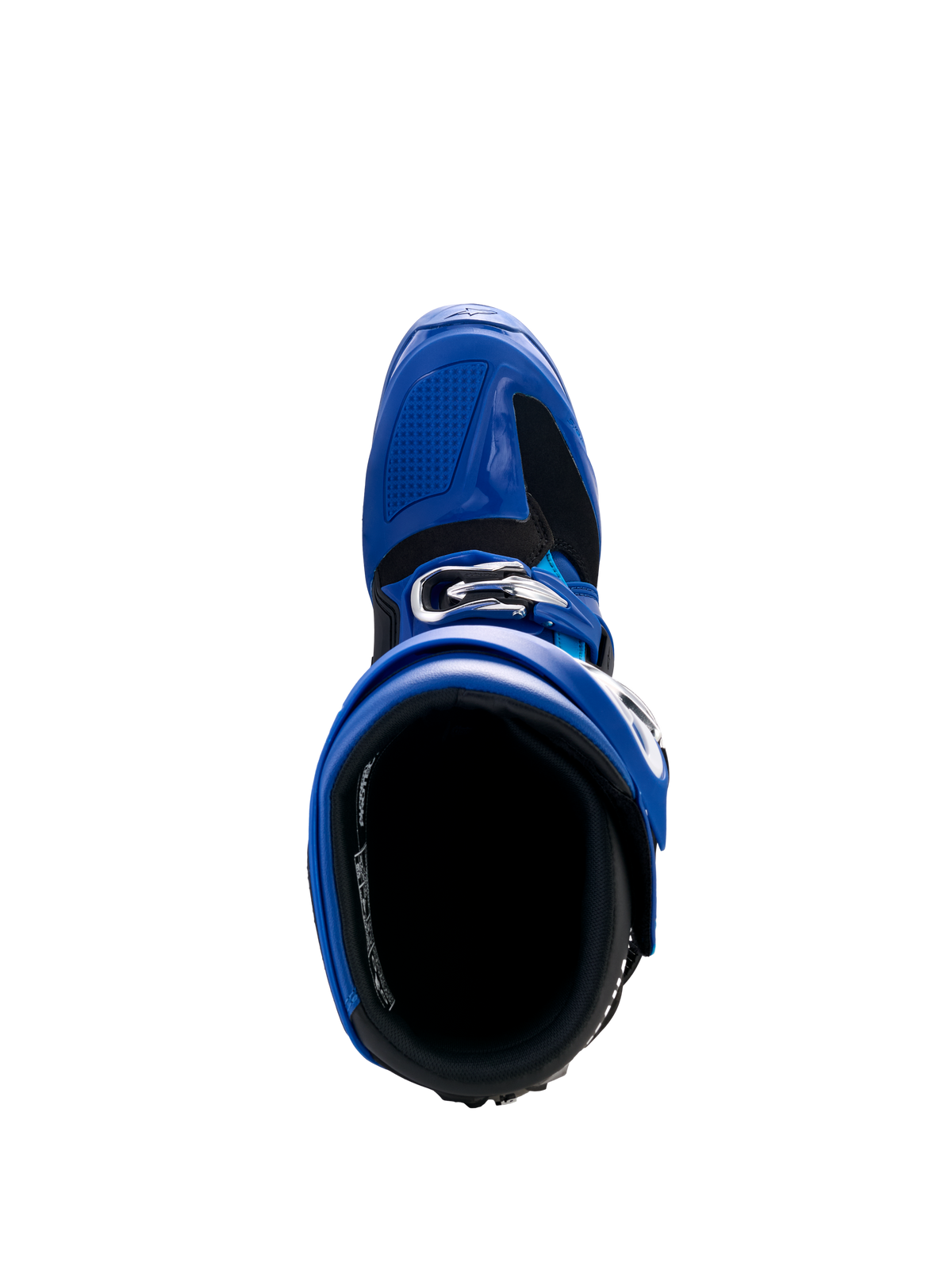 Stivali Alpinestars Yamaha Tech 7, stivali da motocross, blu nero e bianco, vista dall'alto con apertura interna e sistema di fibbie regolabili, calzatura protettiva ad alte prestazioni per gare fuoristrada
