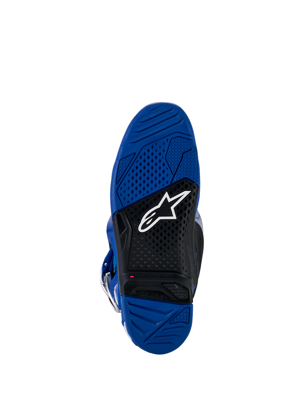 Stivali Alpinestars Yamaha Tech 7, stivali da motocross, vista della suola blu e nera, suola in gomma vulcanizzata a doppia mescola con motivo testurizzato per il grip, con logo Alpinestars bianco e indicatore del limite di usura rosso