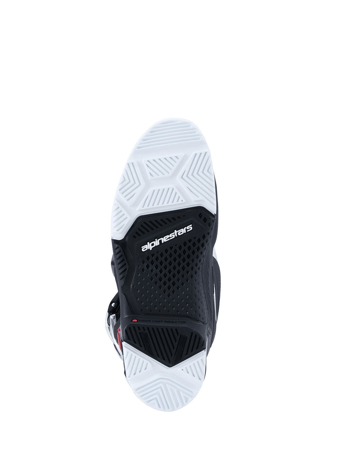 Stivali Alpinestars 2026 Tech 7 Enduro, vista inferiore della suola, suola a doppia mescola bianca e nera con battistrada testurizzato, logo Alpinestars al centro, progettata per durata e aderenza su terreni off-road