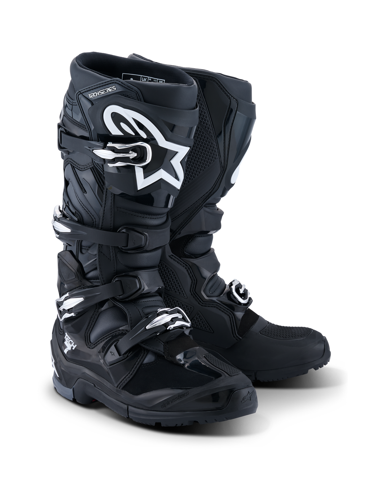 Alpinestars 2026 Tech 7 Enduro Boots, stivali moto enduro, nero antracite e bianco, dotati di un sistema di chiusura a quattro fibbie, logo A-star bianco sulla placca tibiale, suola robusta a doppia mescola per trazione off-road