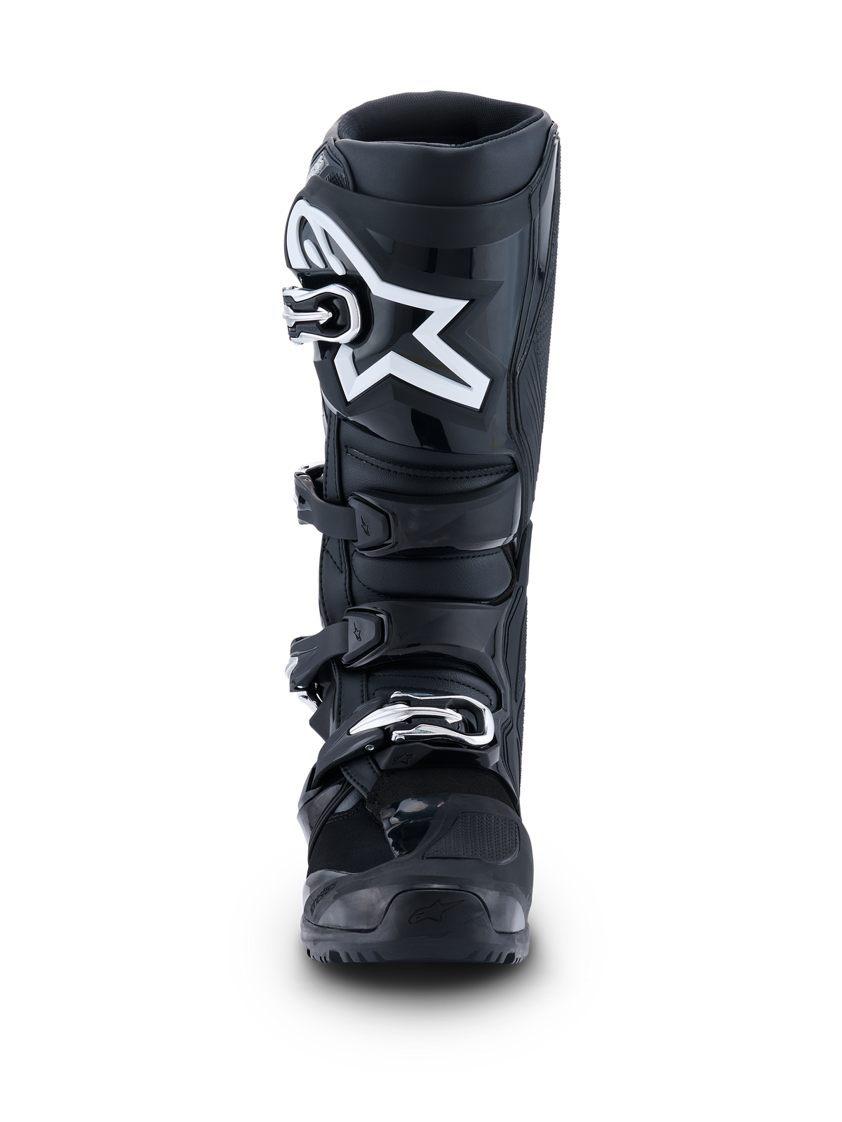 Stivali Alpinestars 2026 Tech 7 Enduro, nero antracite bianco, vista frontale con prominente logo a stella bianco sulla placca tibiale, sistema a quattro fibbie a sgancio rapido e struttura protettiva rinforzata per la guida enduro e off-road