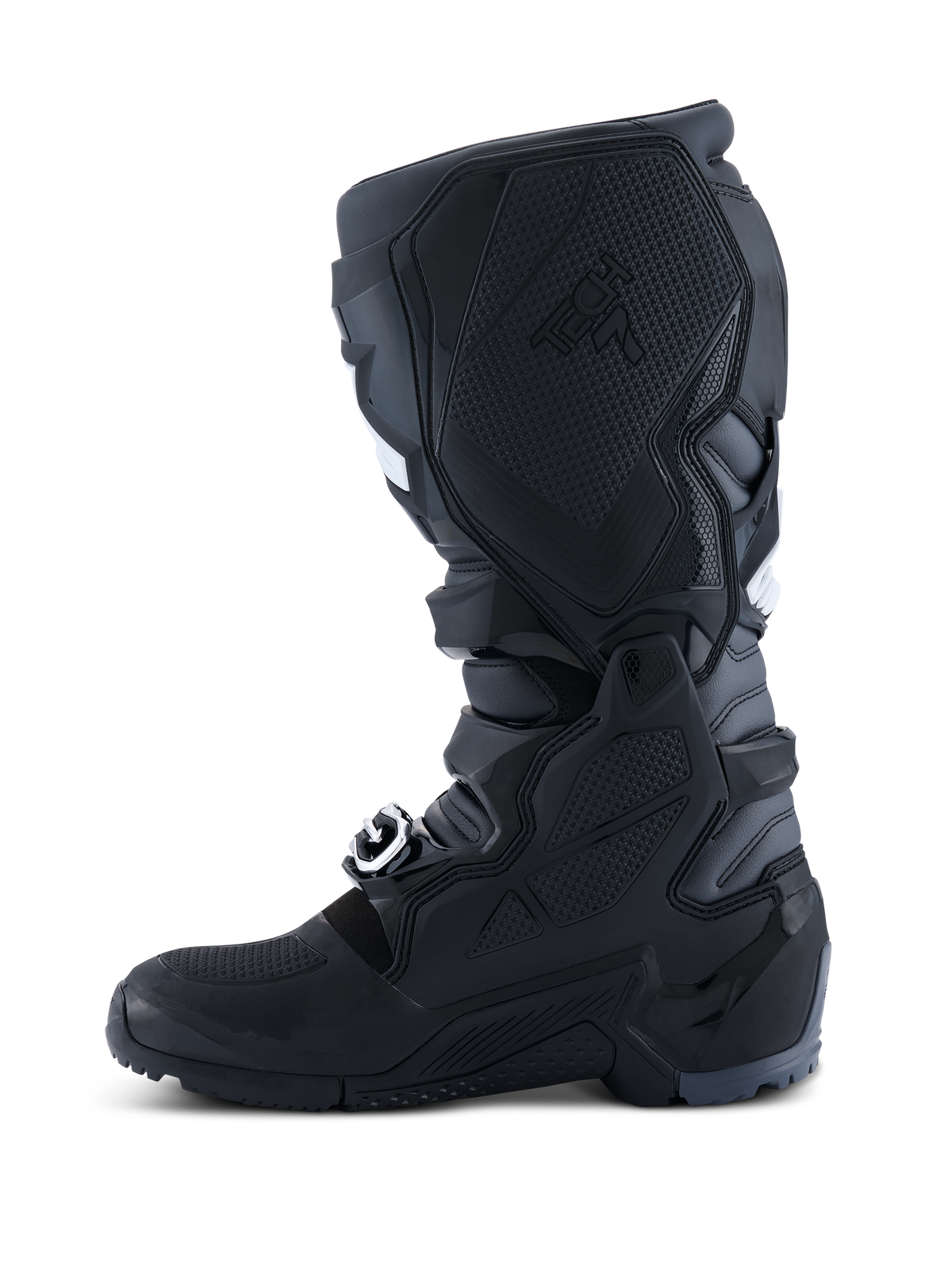 Alpinestars Tech 7 Enduro 2026, stivali da motocross ed enduro, Nero Antracite Bianco, vista laterale mediale che mostra il pannello in TPU testurizzato per il contatto con la moto, suola robusta a doppia mescola e resistente costruzione in microfibra.