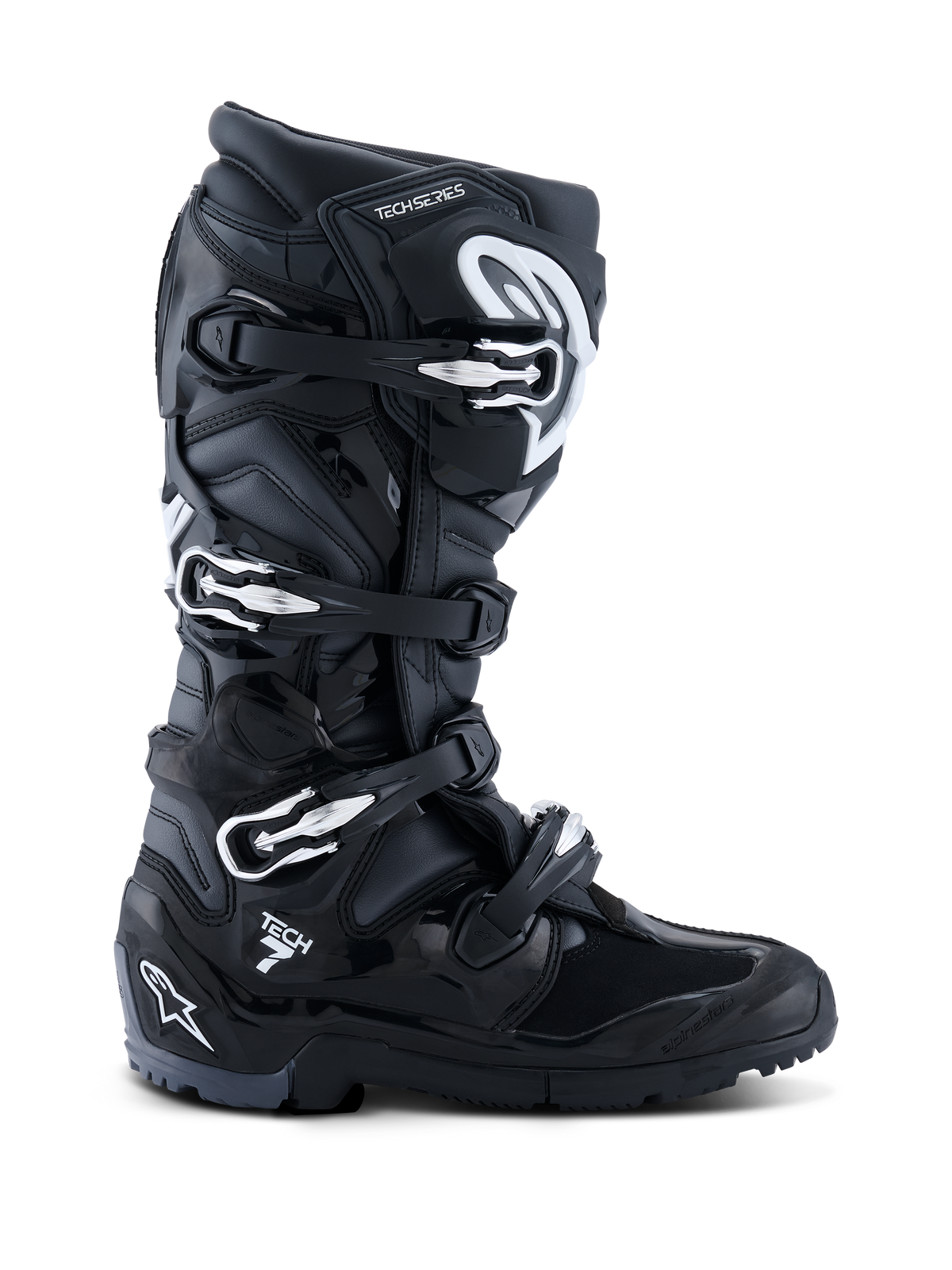 Stivali Alpinestars 2026 Tech 7 Enduro, nero antracite e bianco, stivali da moto per fuoristrada con sistema di chiusura a quattro fibbie, tomaia in microfibra rinforzata in PU e suola tassellata per terreni enduro, design con marchio Tech 7 sul tallone