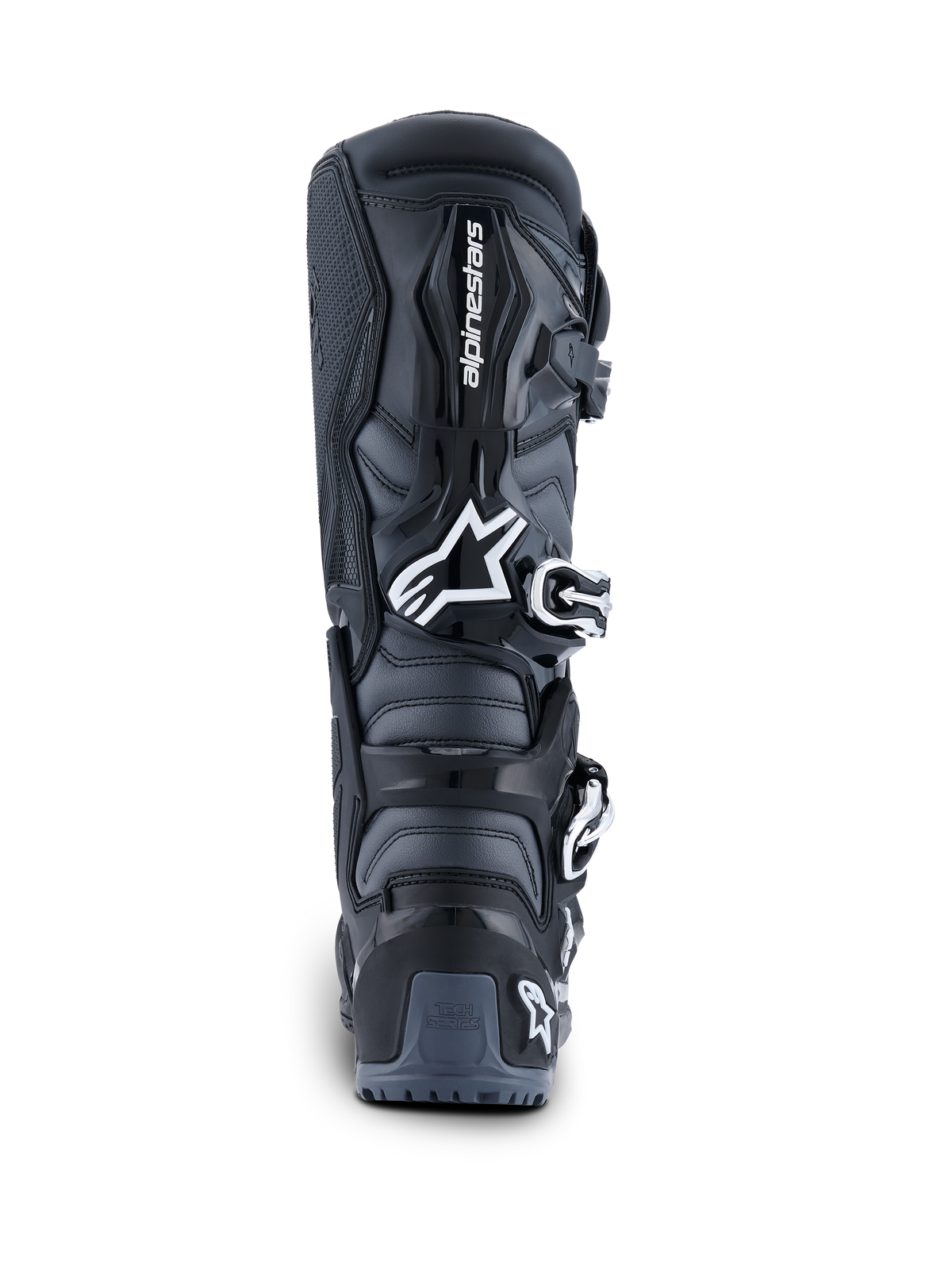 Alpinestars 2026 Tech 7 Enduro Boots, vista posteriore, nero antracite e bianco, stivali da moto fuoristrada con logo Astar bianco, sistema di chiusura con fibbie e protezione del tallone in TPU