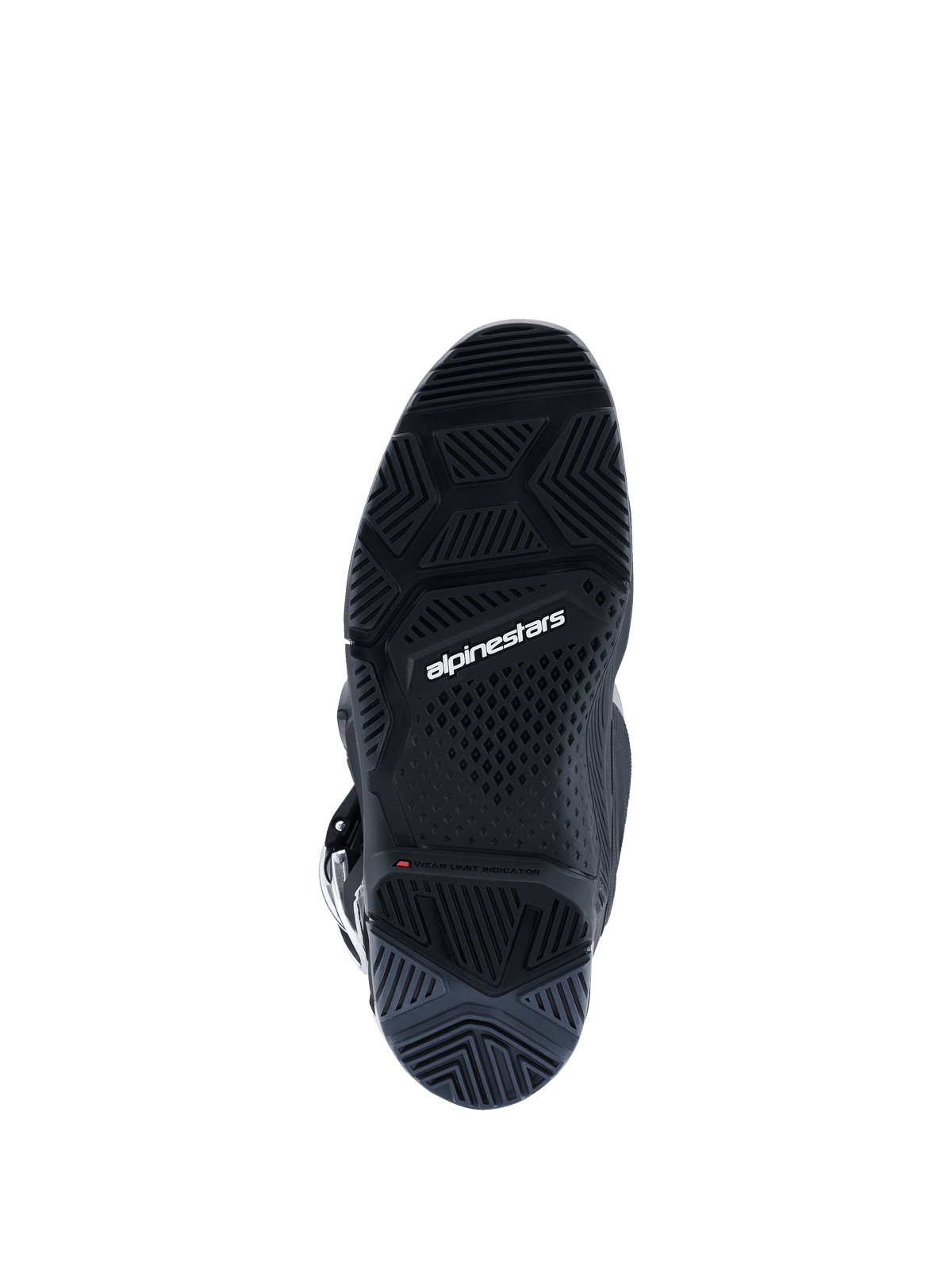 Stivali Alpinestars Tech 7 Enduro 2026, Nero Antracite Bianco, vista inferiore della suola a doppia mescola specifica per l'Enduro, trama del battistrada per trazione fuoristrada, logo Alpinestars bianco e indicatore del limite di usura