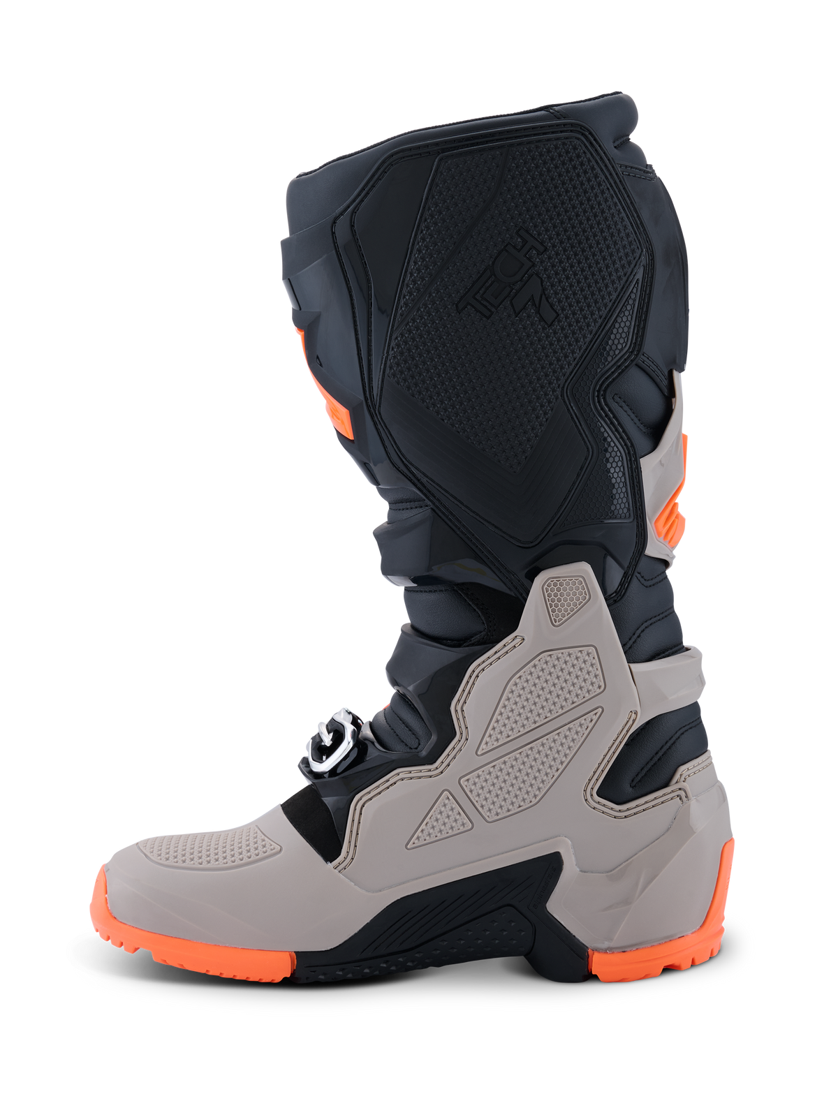 Alpinestars 2026 Tech 7 Enduro Boots, stivali da motocross ed enduro, nero, grigio caldo e arancione fluo, vista laterale con robusta suola a doppia mescola, protezioni in TPU su stinco e caviglia e marchio Tech 7 in rilievo