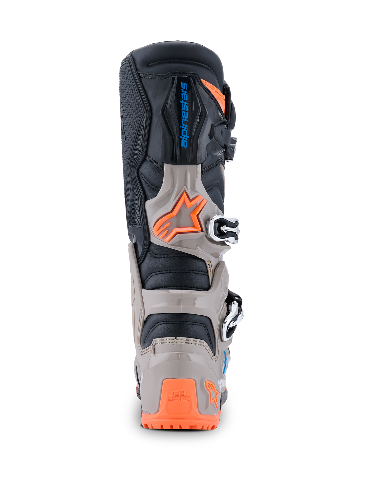 Stivali Alpinestars Tech 7 Enduro 2026, vista posteriore, nero, grigio caldo e arancione fluo, con protezione in TPU, branding Alpinestars e sistema di chiusura a fibbie sicuro per la guida off-road