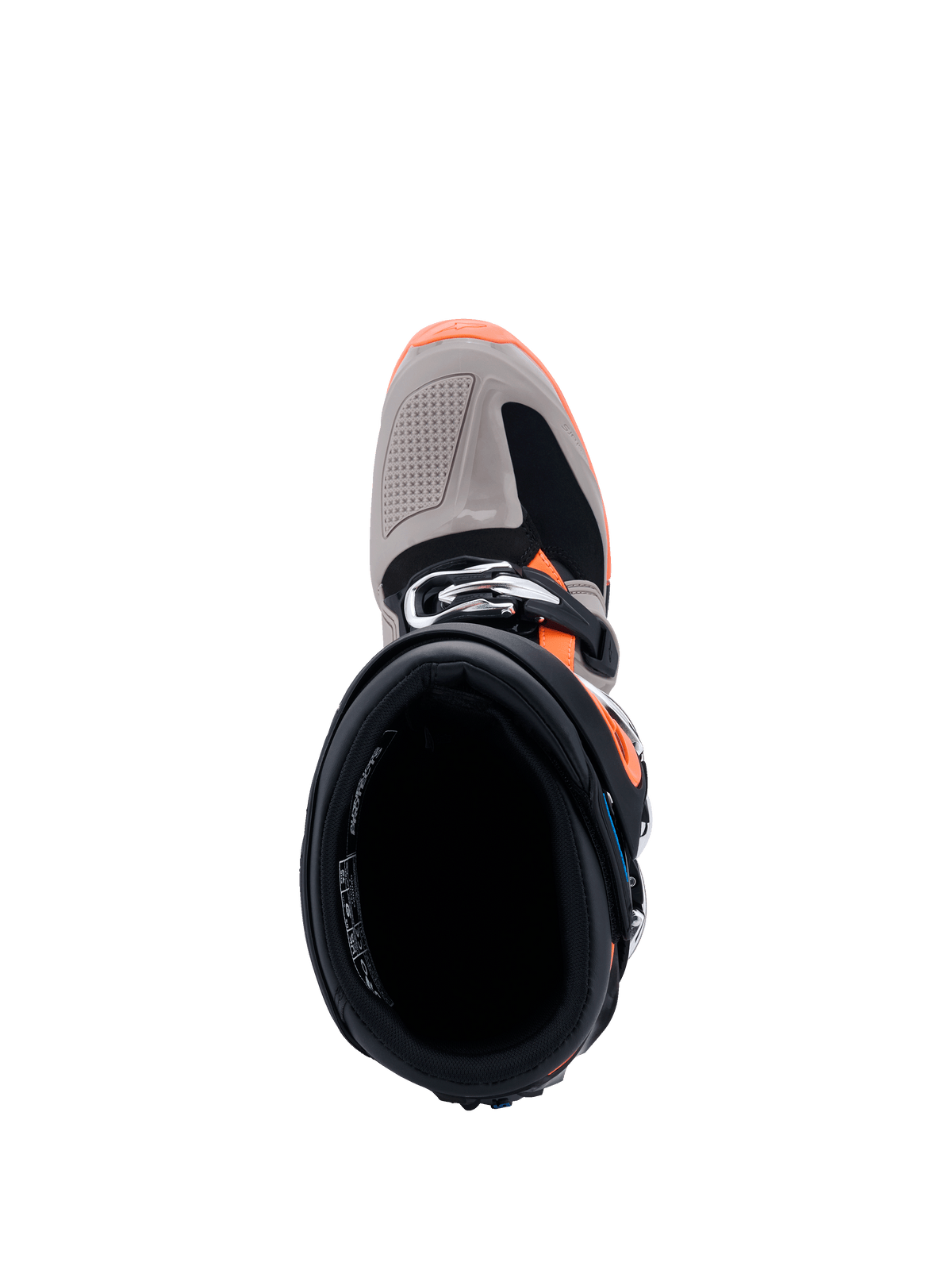 Alpinestars Tech 7 Enduro Boots 2026, vista dall'alto dell'apertura dello stivale, Nero Grigio Caldo e Arancione Fluo, mostra la chiusura a fibbia e il puntale rinforzato, calzature professionali da moto off-road