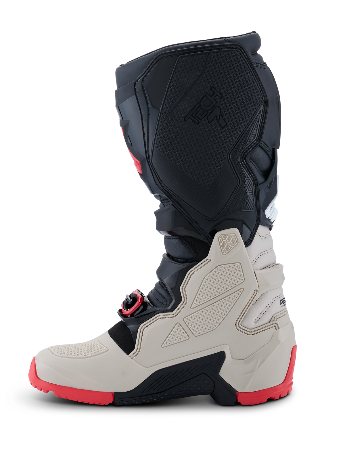 Alpinestars 2026 Tech 7 Enduro Boots, stivali da moto off-road, nero, grigio chiaro e rosso brillante, vista di profilo con pannelli protettivi in TPU, sistema di fibbie auto-allineanti e robusta suola rossa a doppia mescola per la guida enduro