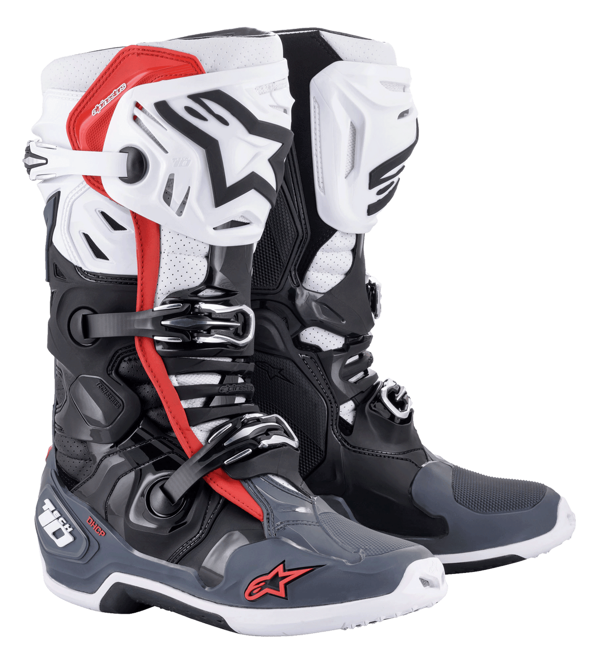 Alpinestars Tech 10 Supervented Boots, stivali da motocross, nero, bianco, grigio medio e rosso, con placche tibiali ventilate, costruzione in microfibra traforata per il flusso d'aria, sistema di chiusura a fibbie multiple e logo Alpinestars su punta e tallone