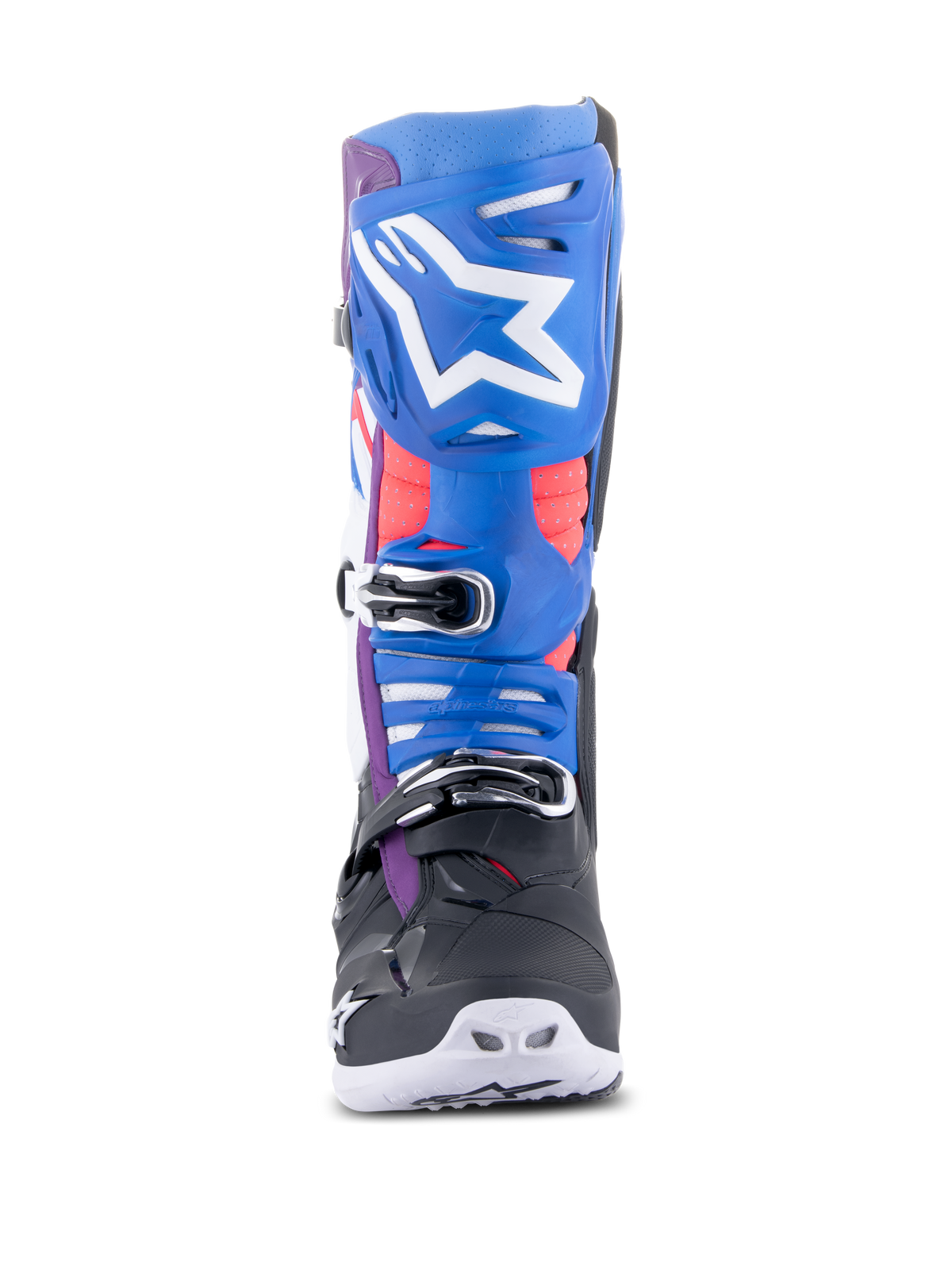 Alpinestars Tech 10 Supervented Boots, stivali da motocross, nero, blu, viola e bianco, vista frontale con placca tibiale blu e logo a stella bianco, fibbie con dettagli cromati e struttura ventilata per gare fuoristrada.