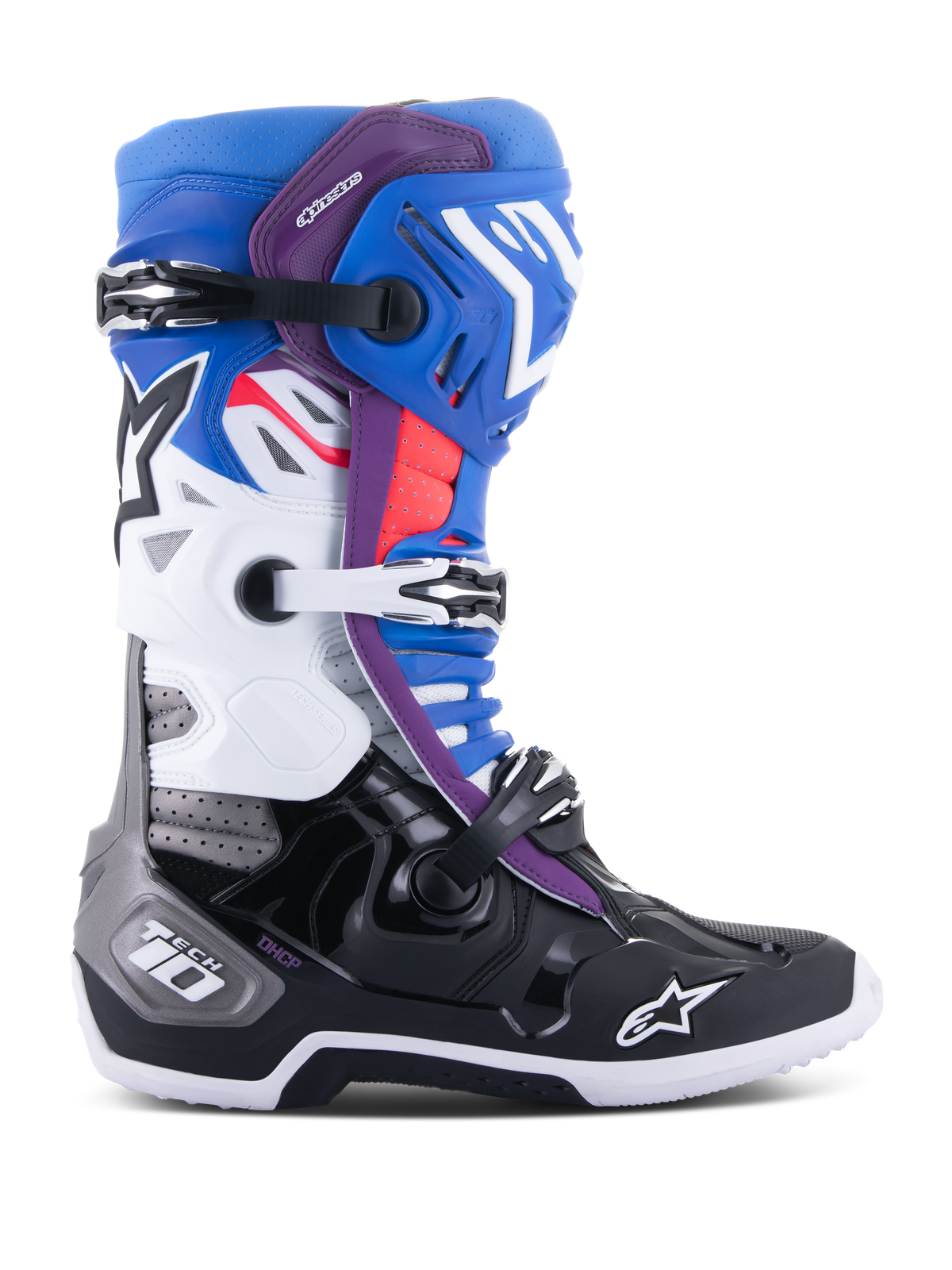 Stivali Alpinestars Tech 10 Supervented, stivali da motocross racing, blu, viola, bianco, nero e rosso, vista di profilo laterale con sistema di chiusura a tre fibbie, zone ventilate e logo Alpinestars a stella