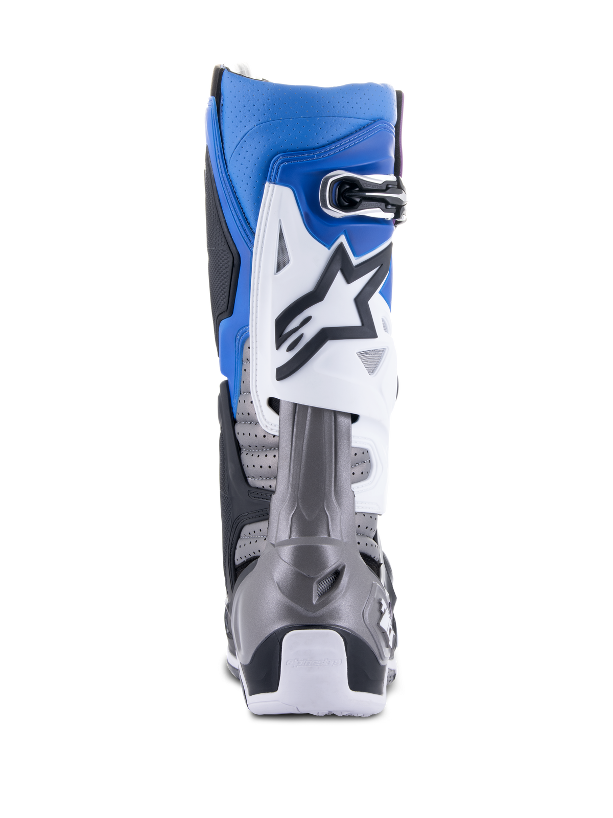 Alpinestars Tech 10 Supervented Boots, stivali da motocross, nero smaltato blu viola bianco, vista posteriore con microfibra traforata per la ventilazione, tomaia blu e bianca con protezione del tallone grigia, abbigliamento tecnico da competizione off-road