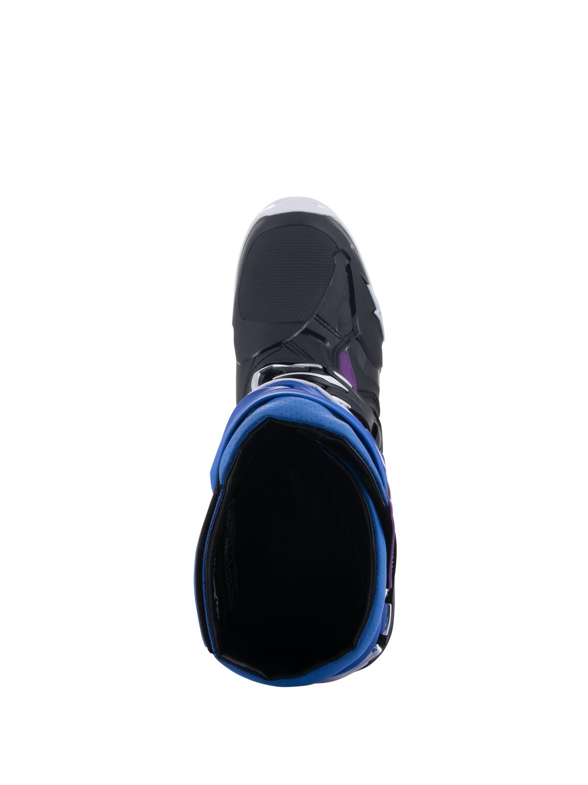Stivali Alpinestars Tech 10 Supervented, vista dall'alto verso l'interno dell'apertura dello stivale, colorazione Black Enamel Blue Purple White, che mostra la fodera in rete 3D e la ghetta blu, calzatura da motocross ad alte prestazioni